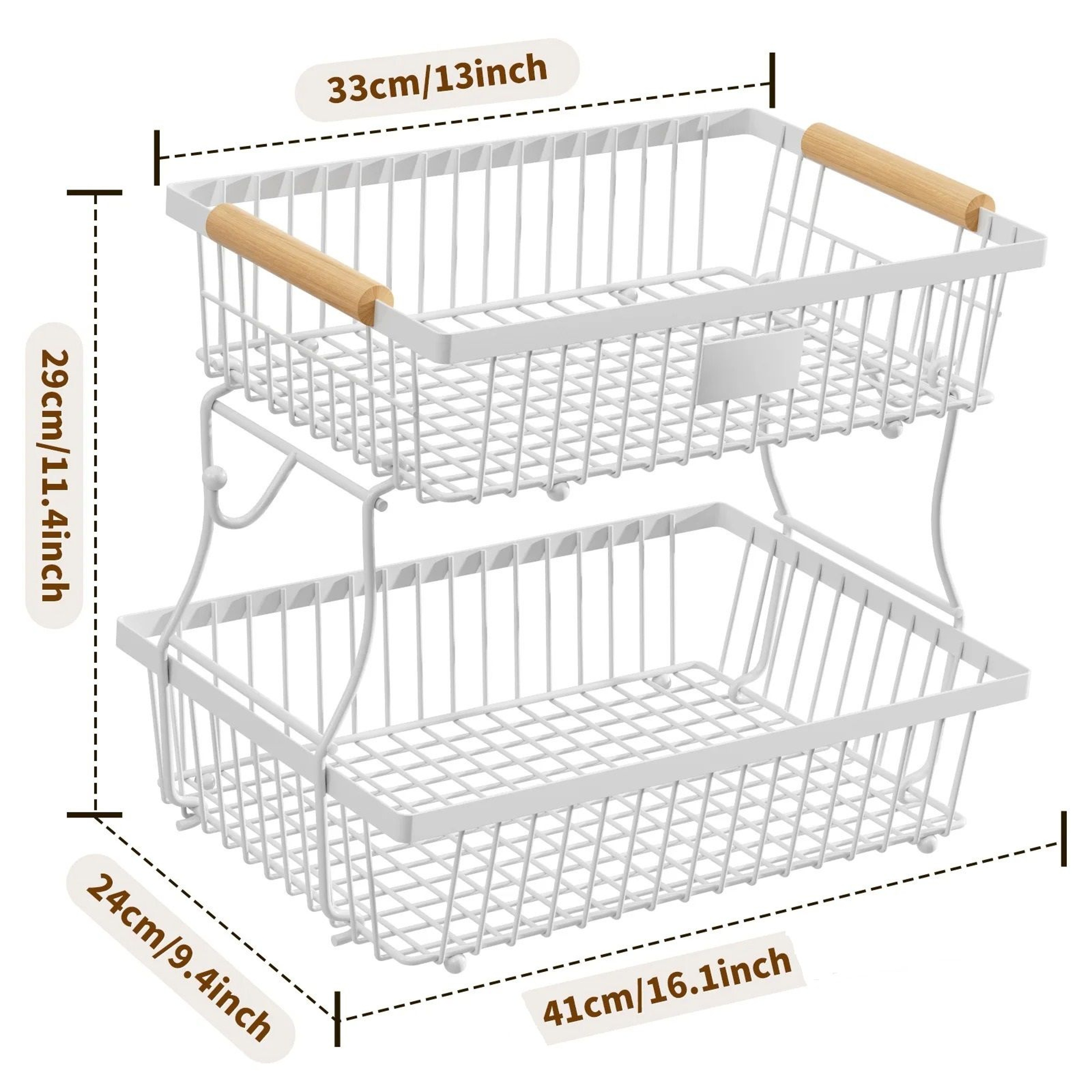 Double Layer Fruit and Vegetable Storage Rack with Removable Wooden Trays – view 1