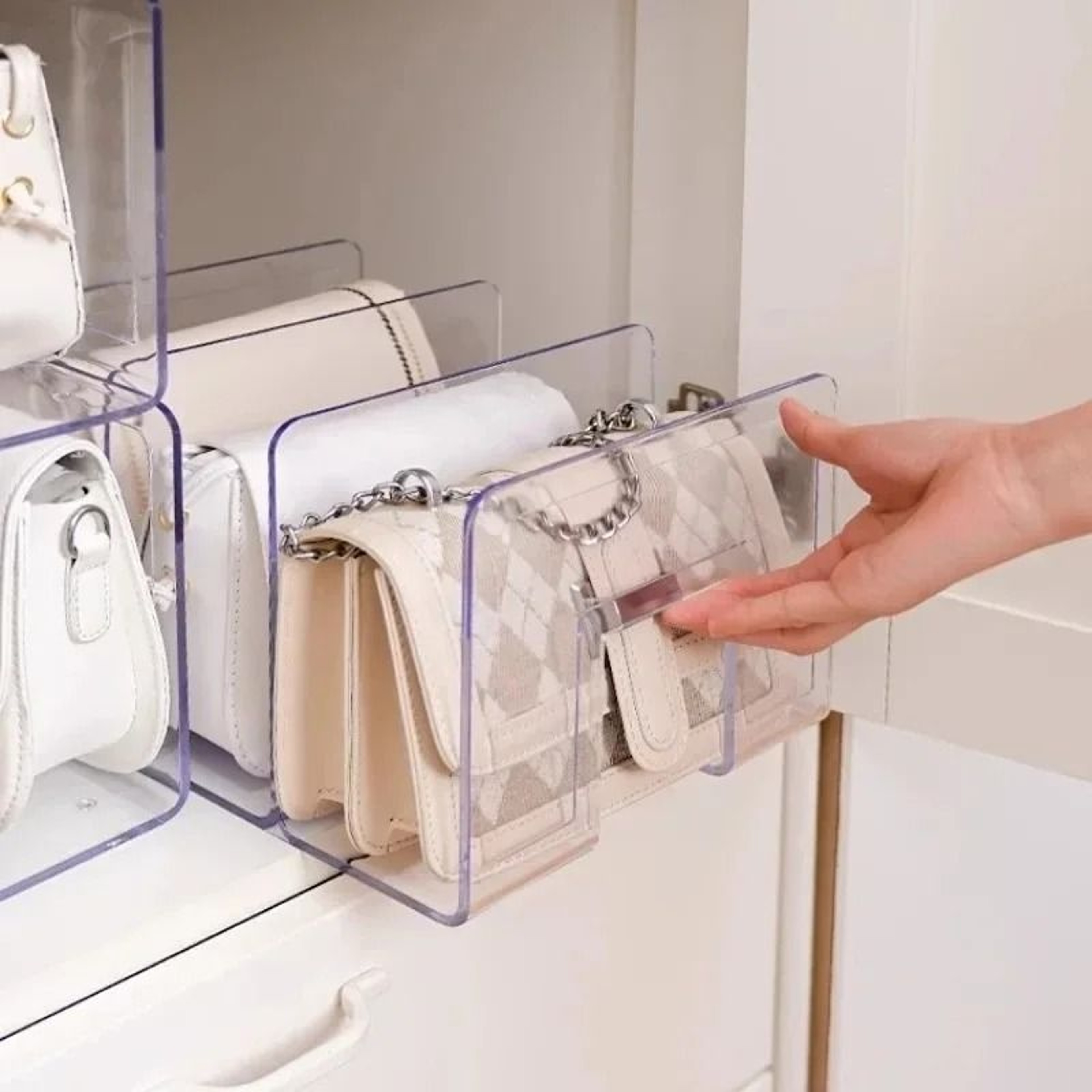 Clear Acrylic Handbag Organizer Shelf With 4 Compartments 0