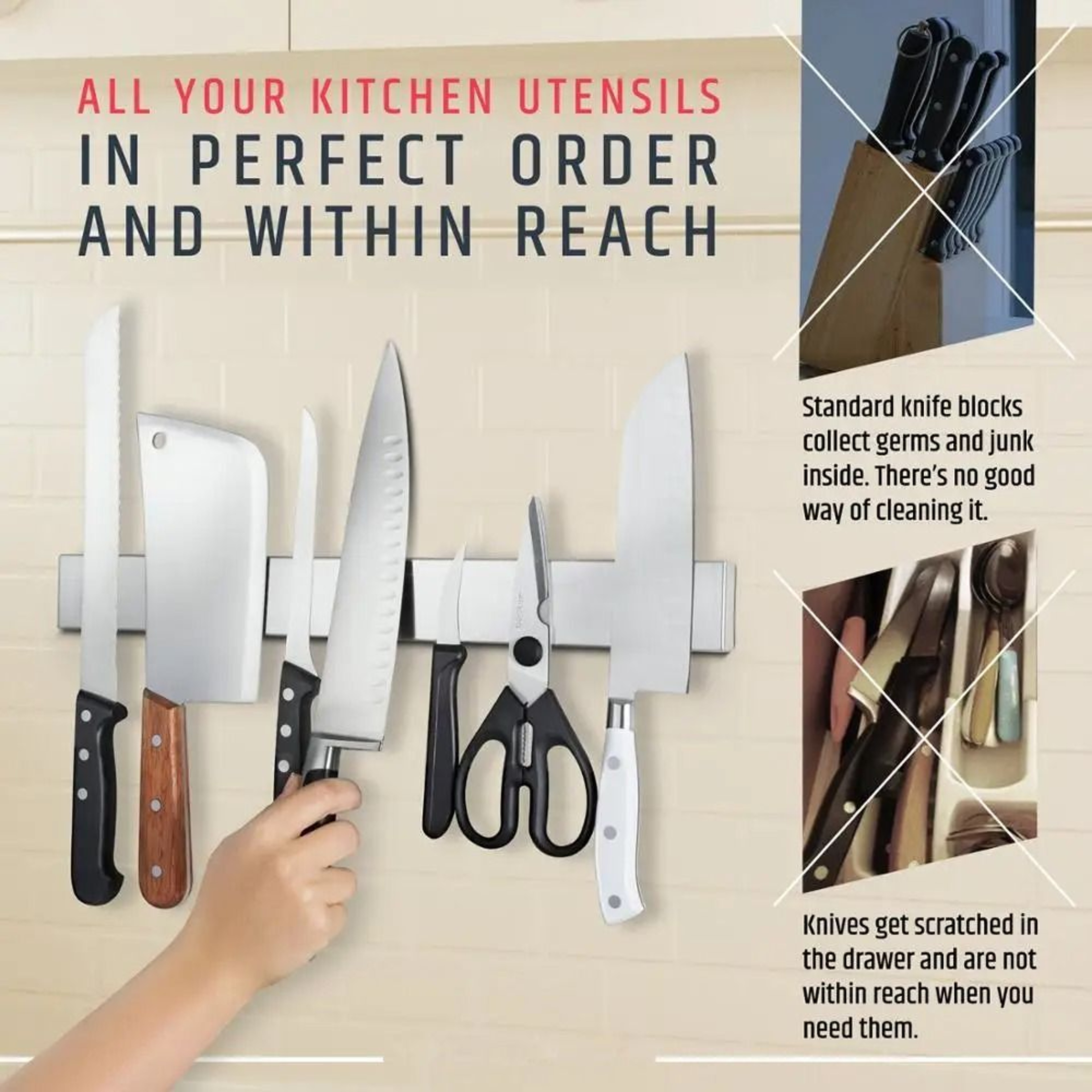 Professional Stainless Steel Magnetic Knife Holder Wall Mounted Knife Storage Strip 4