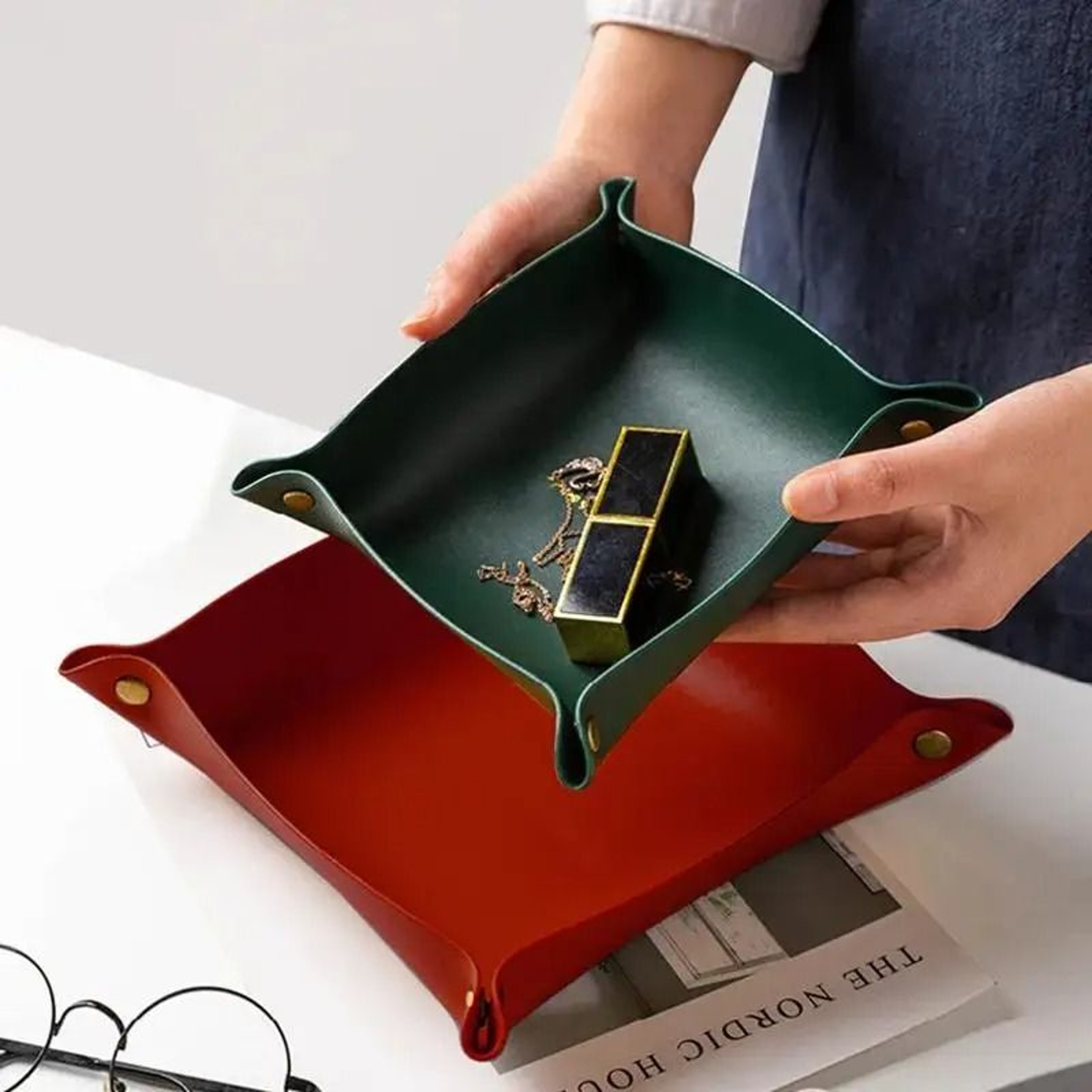 Foldable Leather Valet Tray Organizer For Keys Jewelry Coins And Everyday Essentials 0