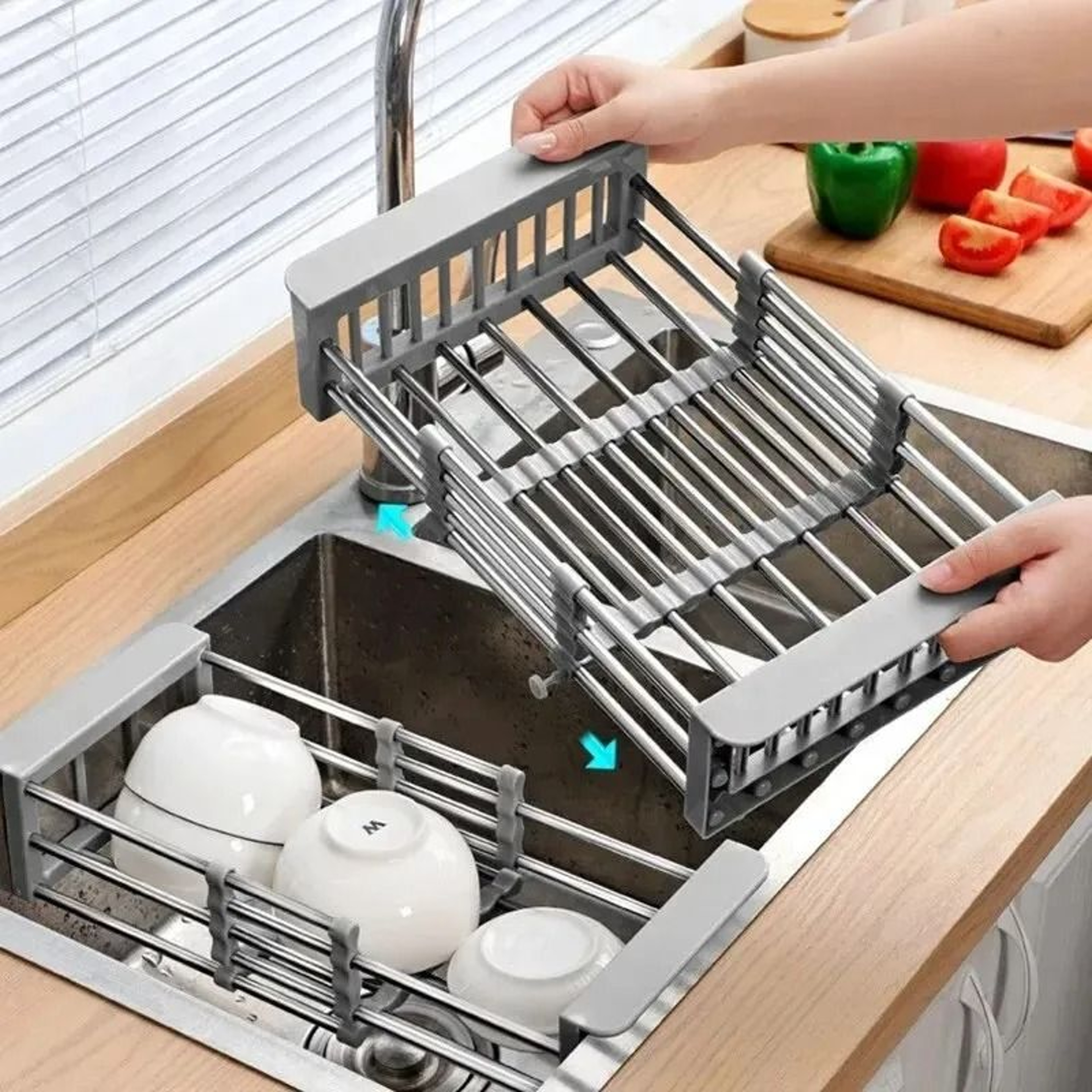 Expandable Over The Sink Dish Drying Rack Stainless Steel Kitchen Drain Basket 0