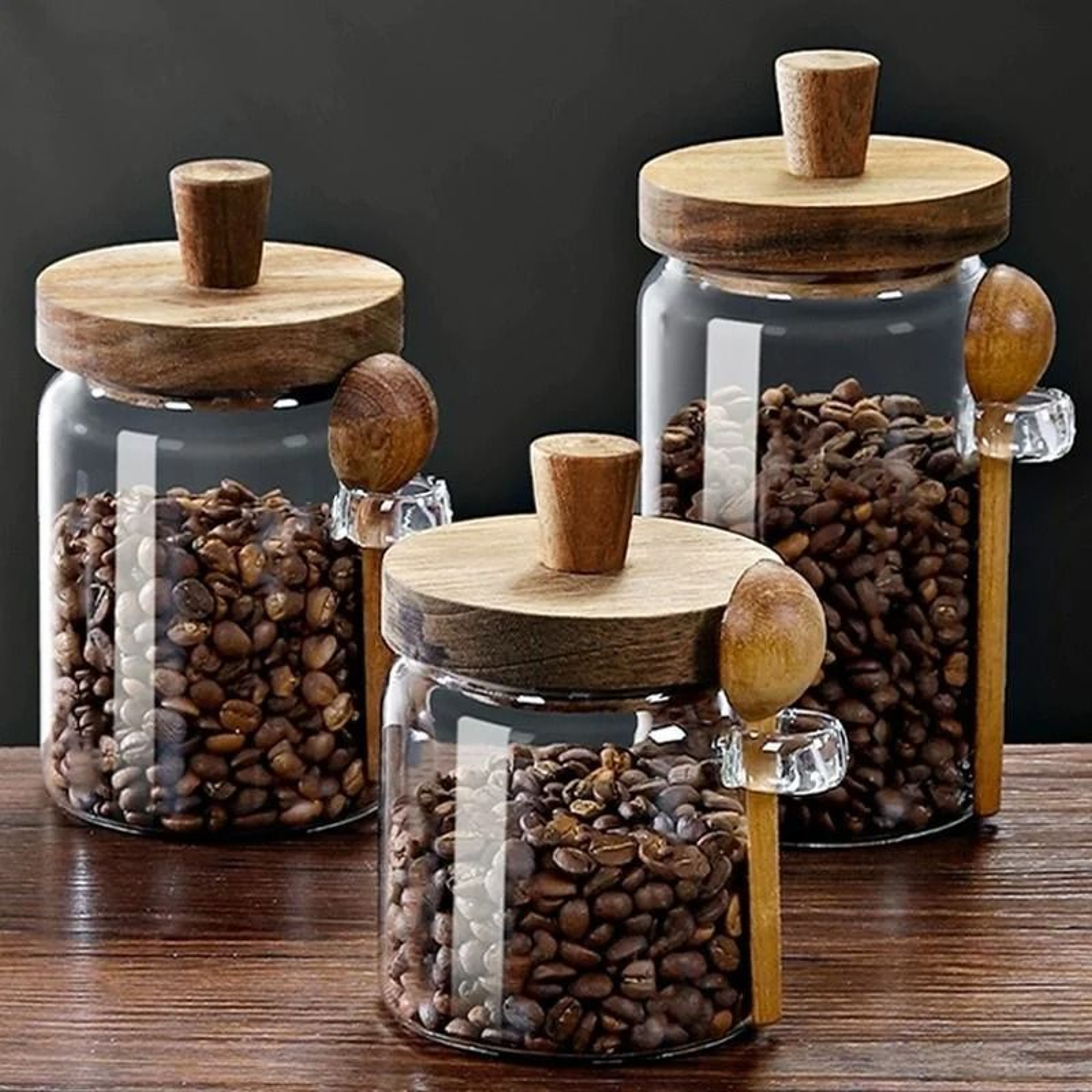 Glass Storage Jar With Bamboo Lid And Spoon For Coffee Beans Grains Spices  Dry Food 3