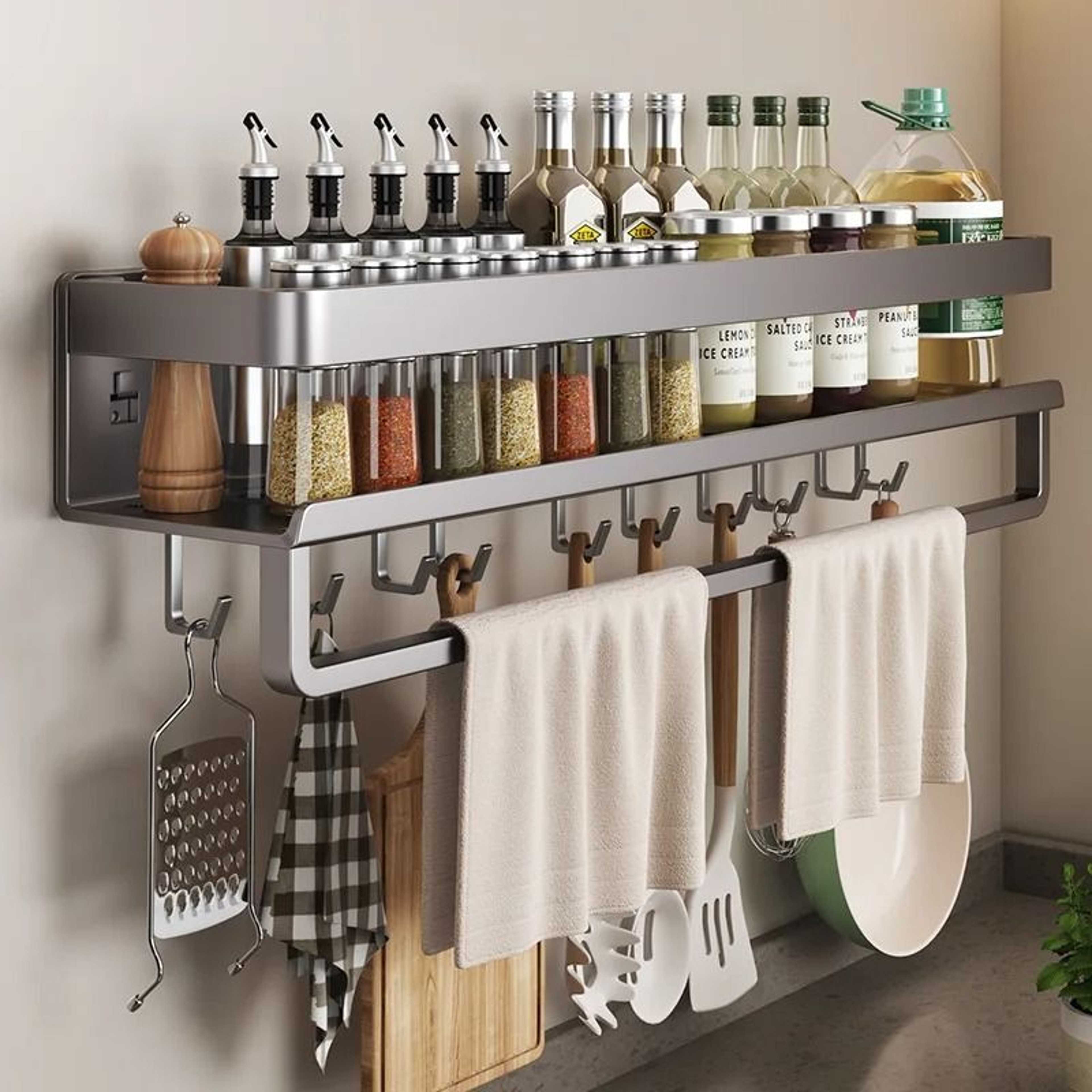 Aluminum Wall Mounted Spice Rack Shelf No Drill Kitchen Storage Organizer For Seasonings And Bathro 0