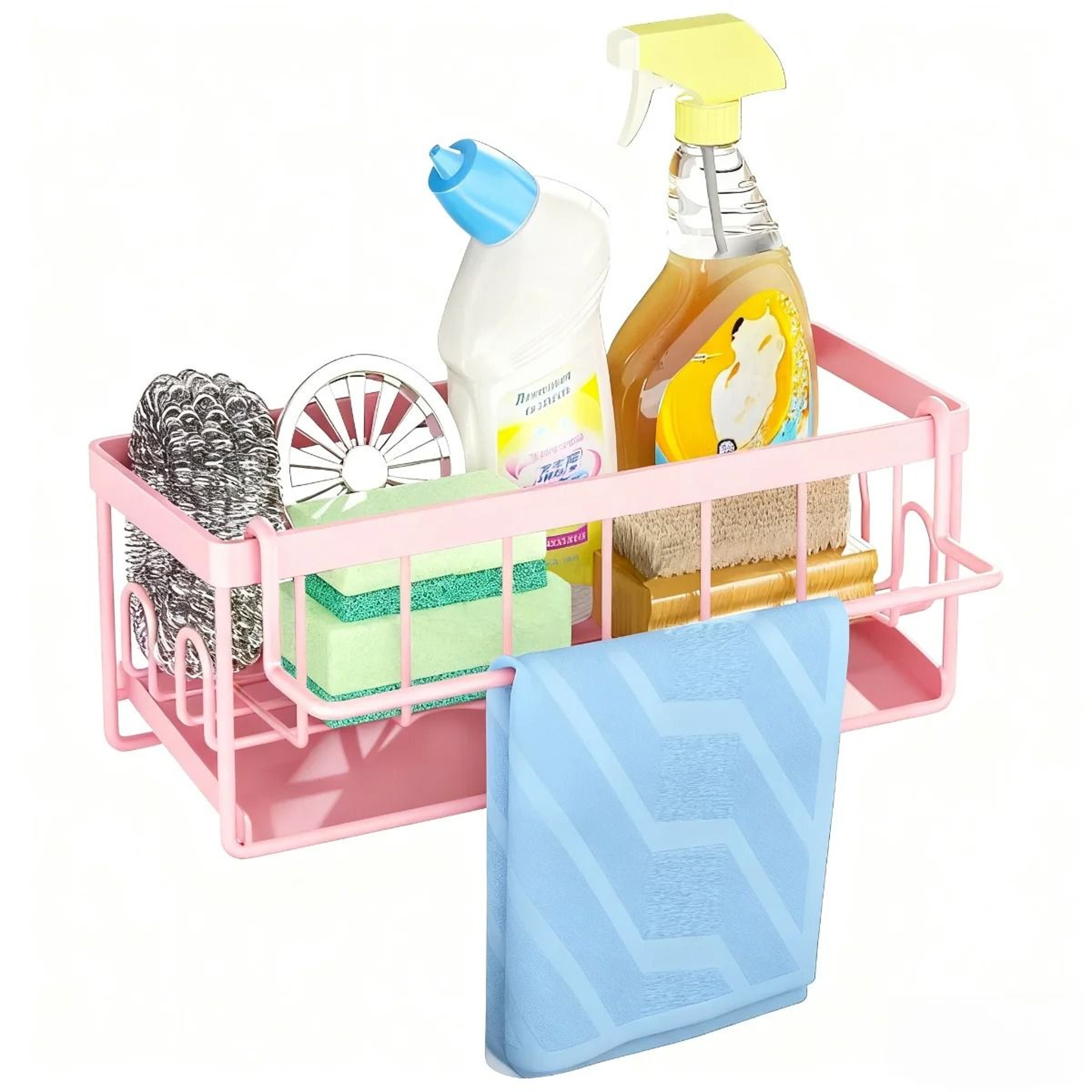 Kitchen Sink Caddy Organizer Sponge Holder With Soap Brush Scrubber And Dishcloth Storage 5