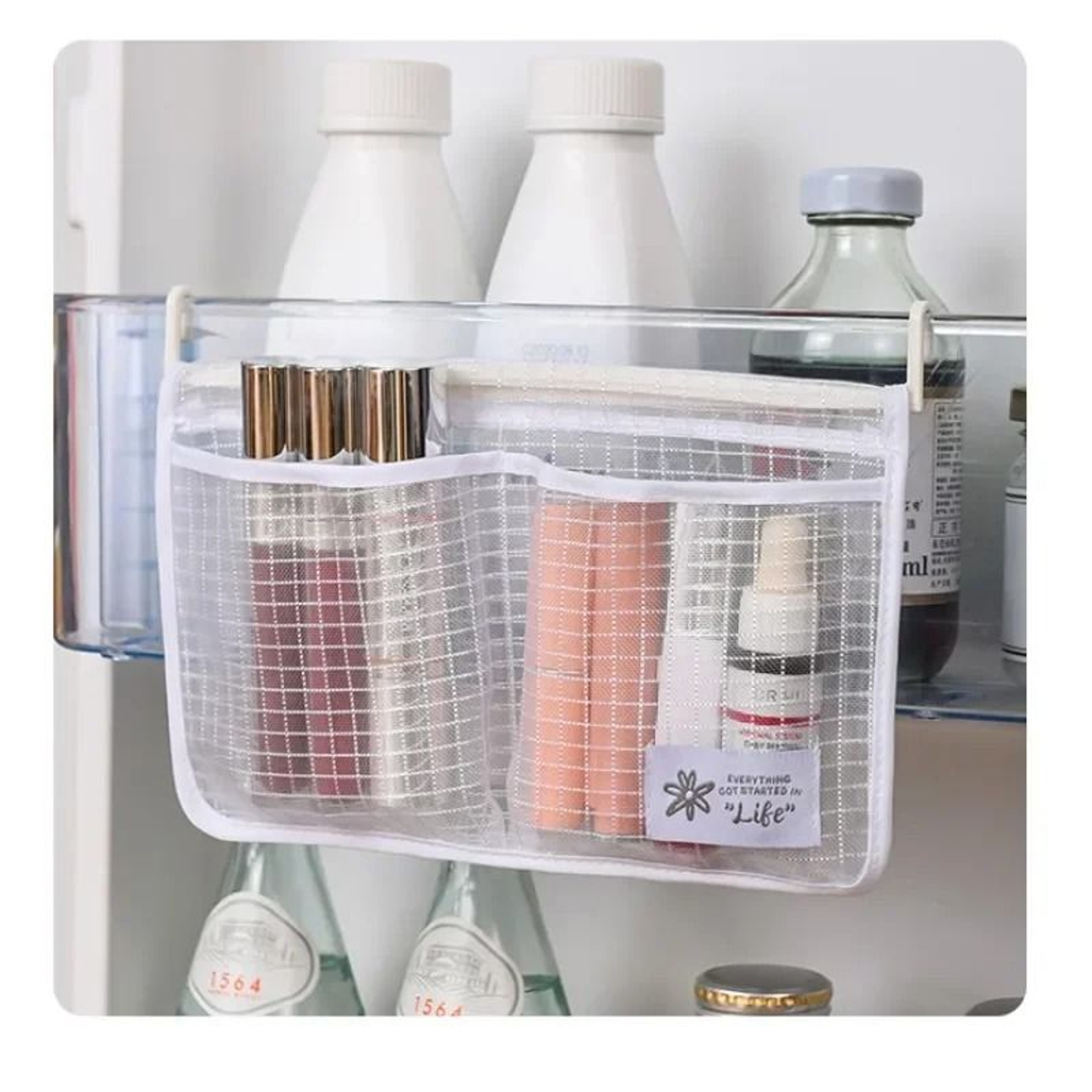 Double Compartment Refrigerator Hanging Storage Mesh Bag With Hooks Washable Fridge Organizer Pouch 5