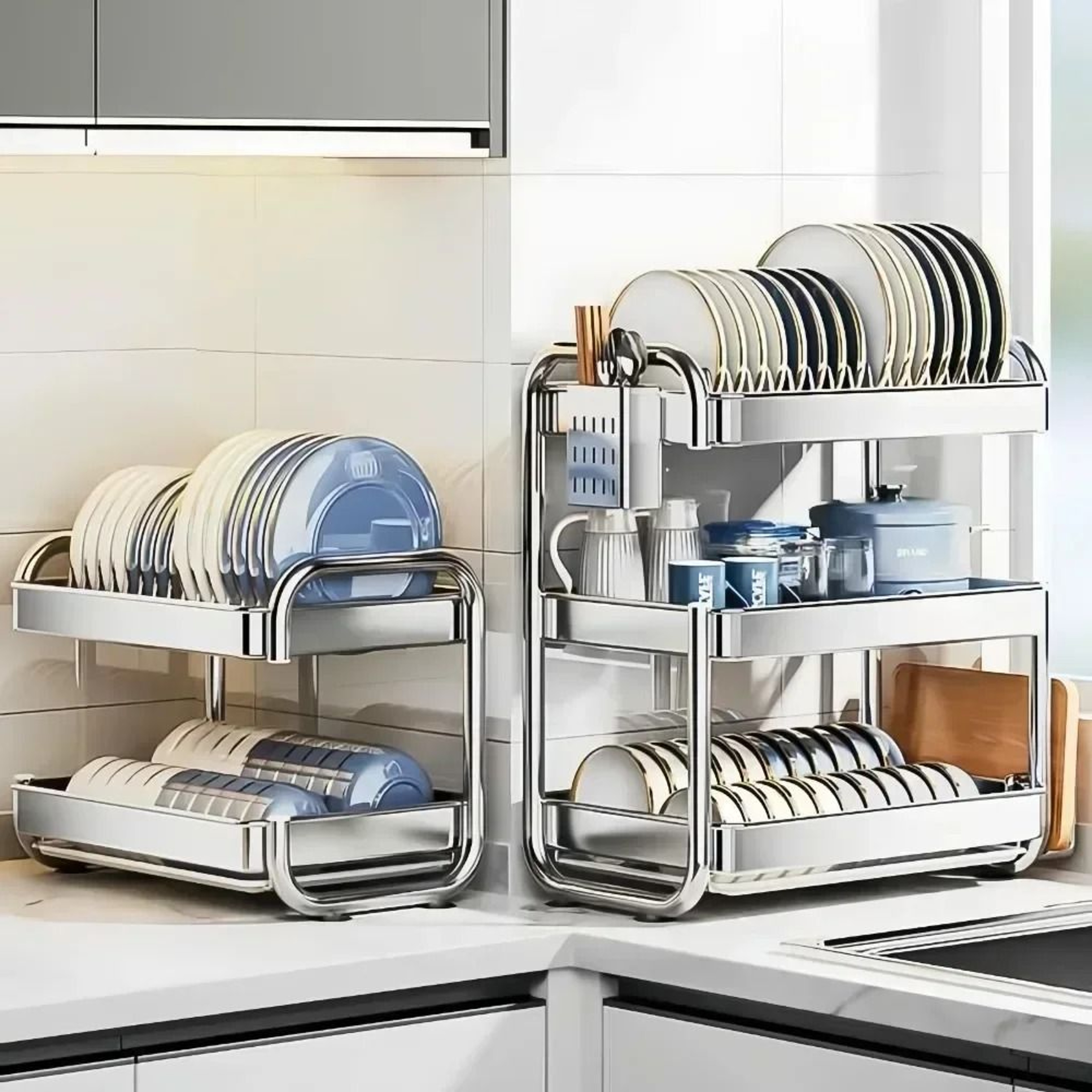 Stainless Steel Multi Tier Dish Drying Rack Large Capacity Kitchen Counter Organizer With Utensil H 0