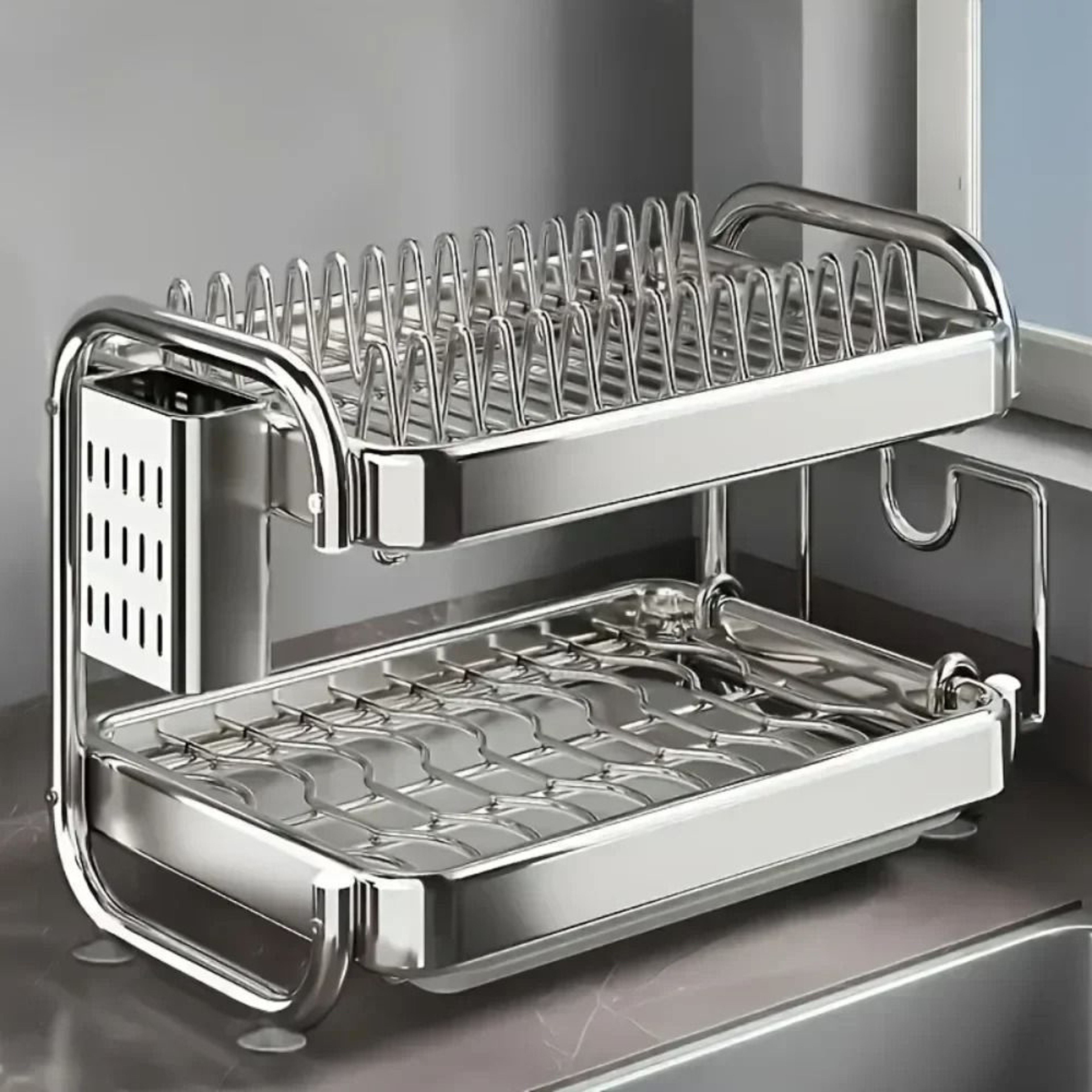 Stainless Steel Multi Tier Dish Drying Rack Large Capacity Kitchen Counter Organizer With Utensil H 2