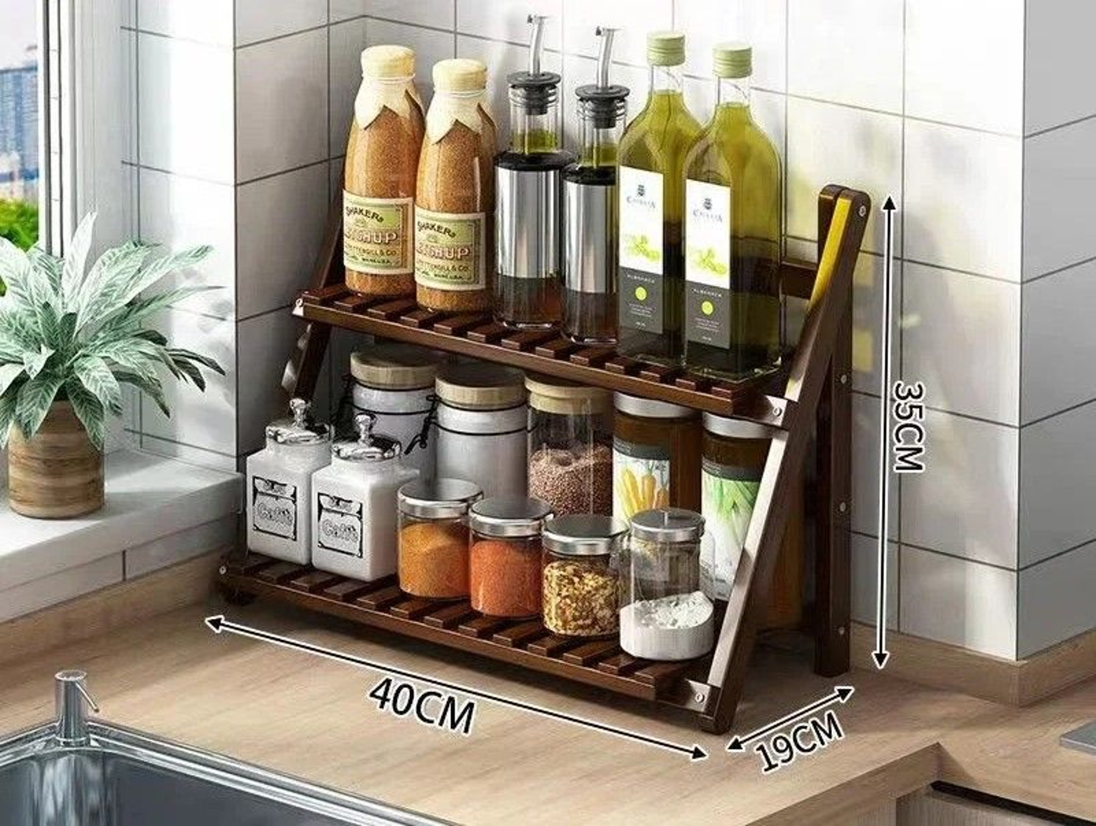 Bamboo Two Tier Folding Spice Rack Kitchen Countertop Organizer For Seasonings Condiments Bottles A 10