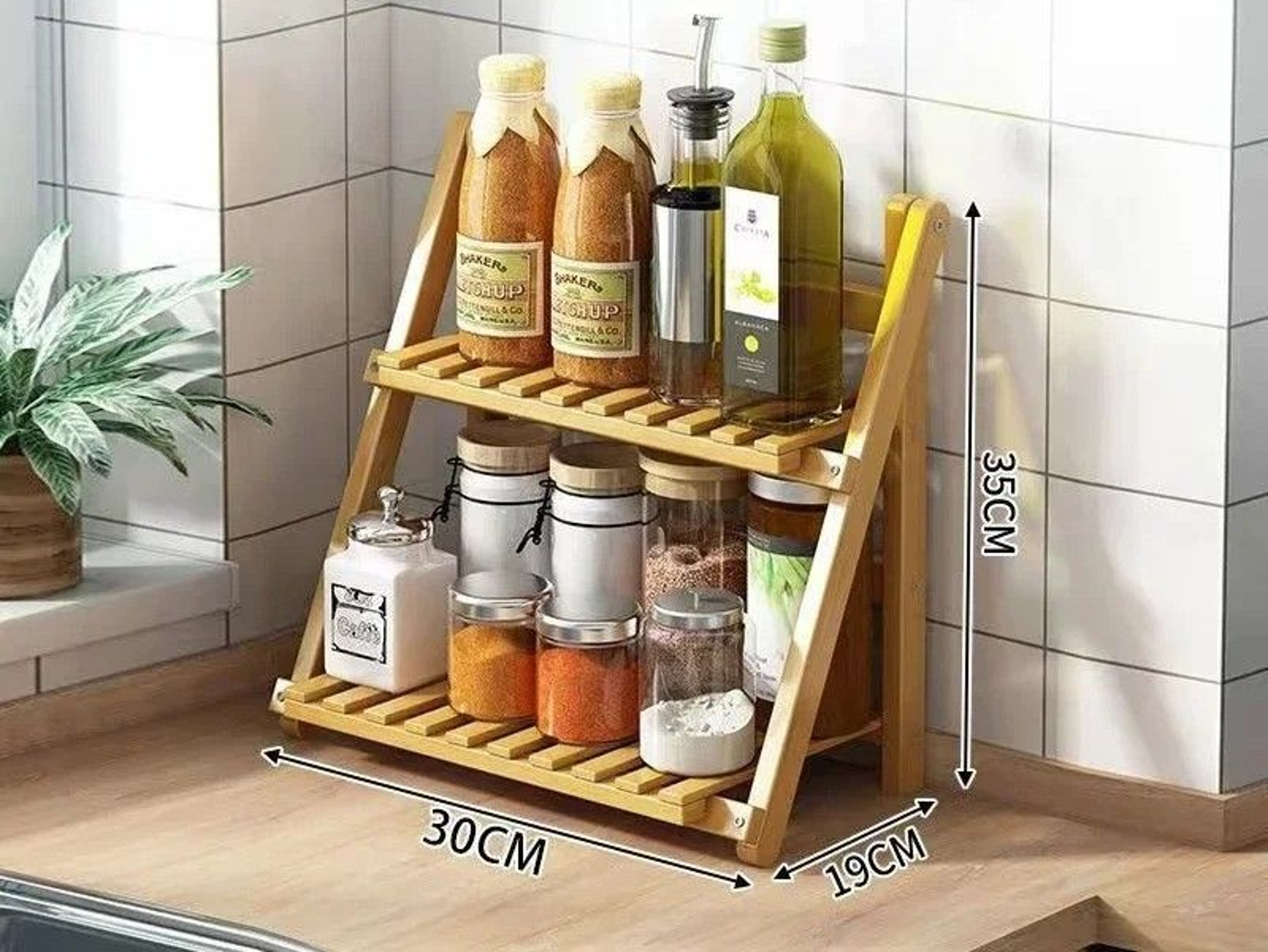 Bamboo Two Tier Folding Spice Rack Kitchen Countertop Organizer For Seasonings Condiments Bottles A 6