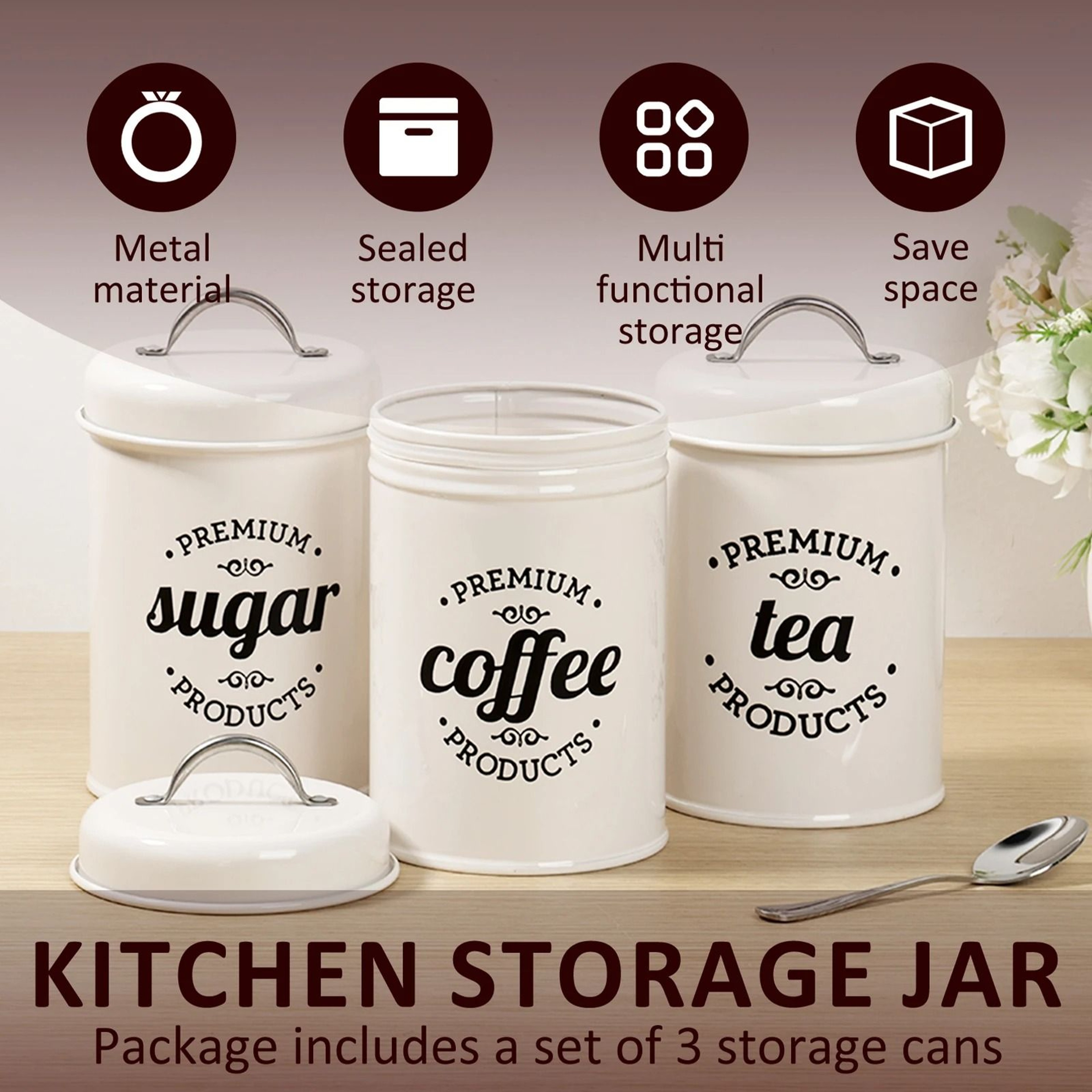 3 Piece Coffee Tea Sugar Canister Set With Lids Metal Food Storage Containers For Kitchen Counter A 1