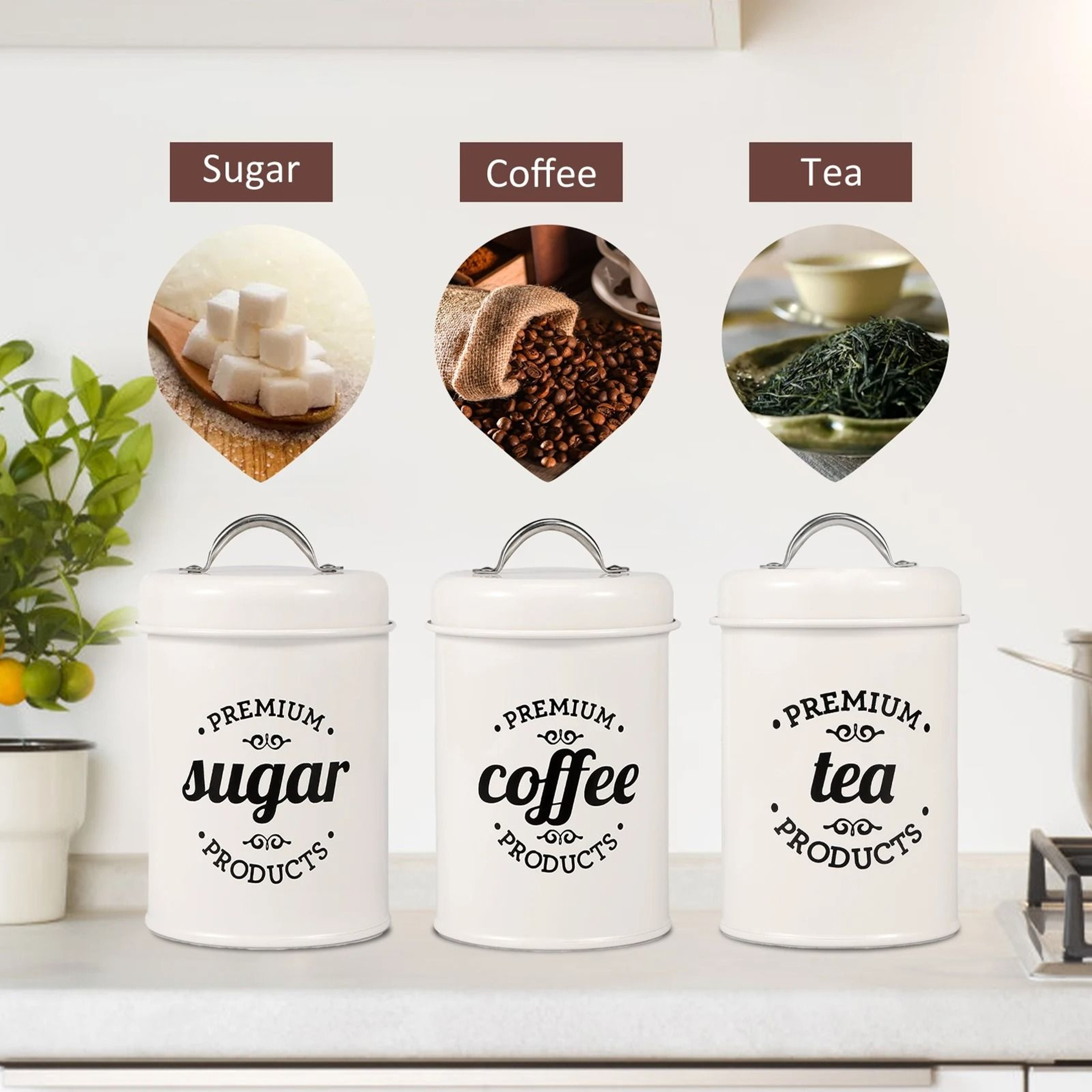3 Piece Coffee Tea Sugar Canister Set With Lids Metal Food Storage Containers For Kitchen Counter A 2
