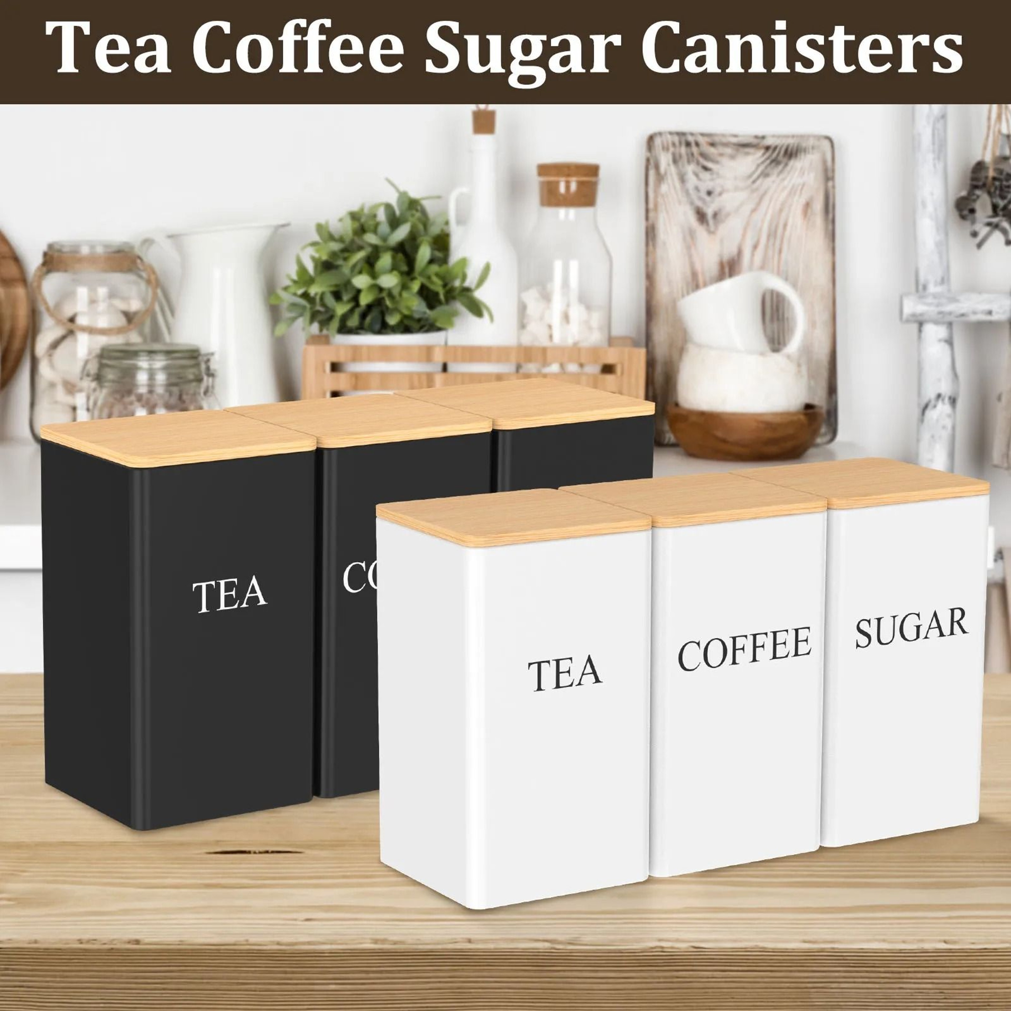 3 Piece Coffee Tea Sugar Canister Set With Lids Metal Food Storage Containers For Kitchen Counter A 4