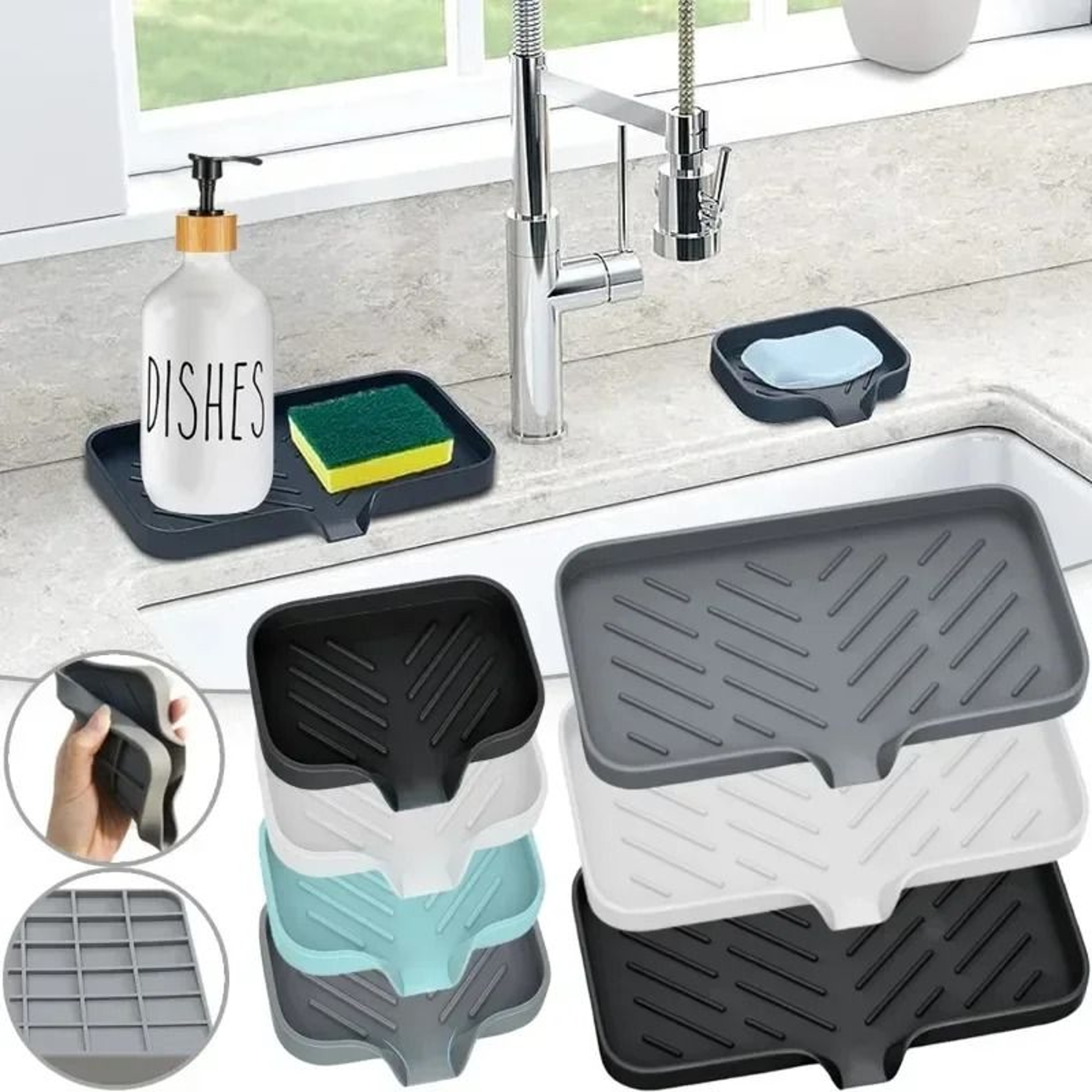 Self Draining Silicone Soap And Sponge Holder Sink Organizer 0