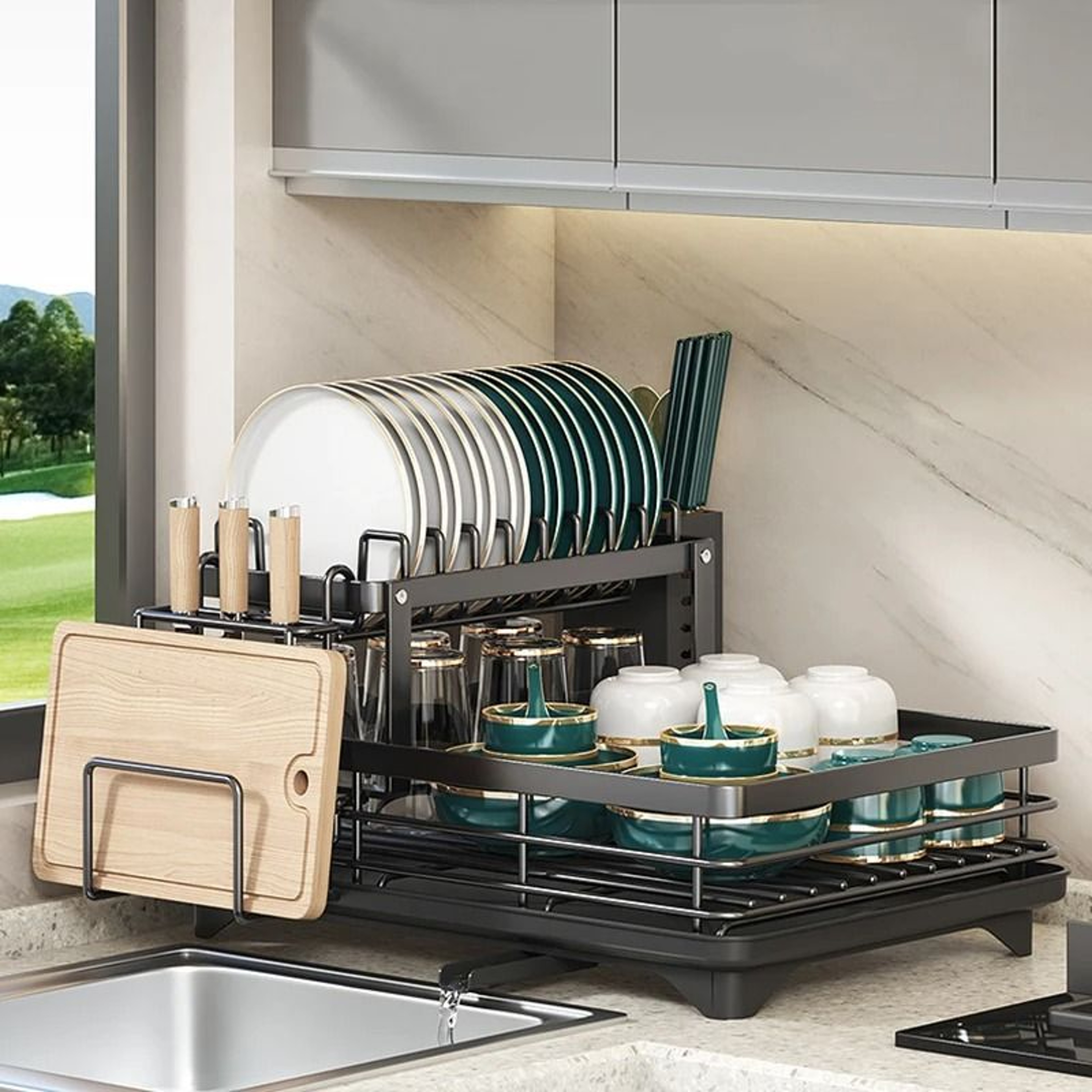 Carbon Steel Dish Drying Rack With Drain Tray Kitchen Counter Organizer 0