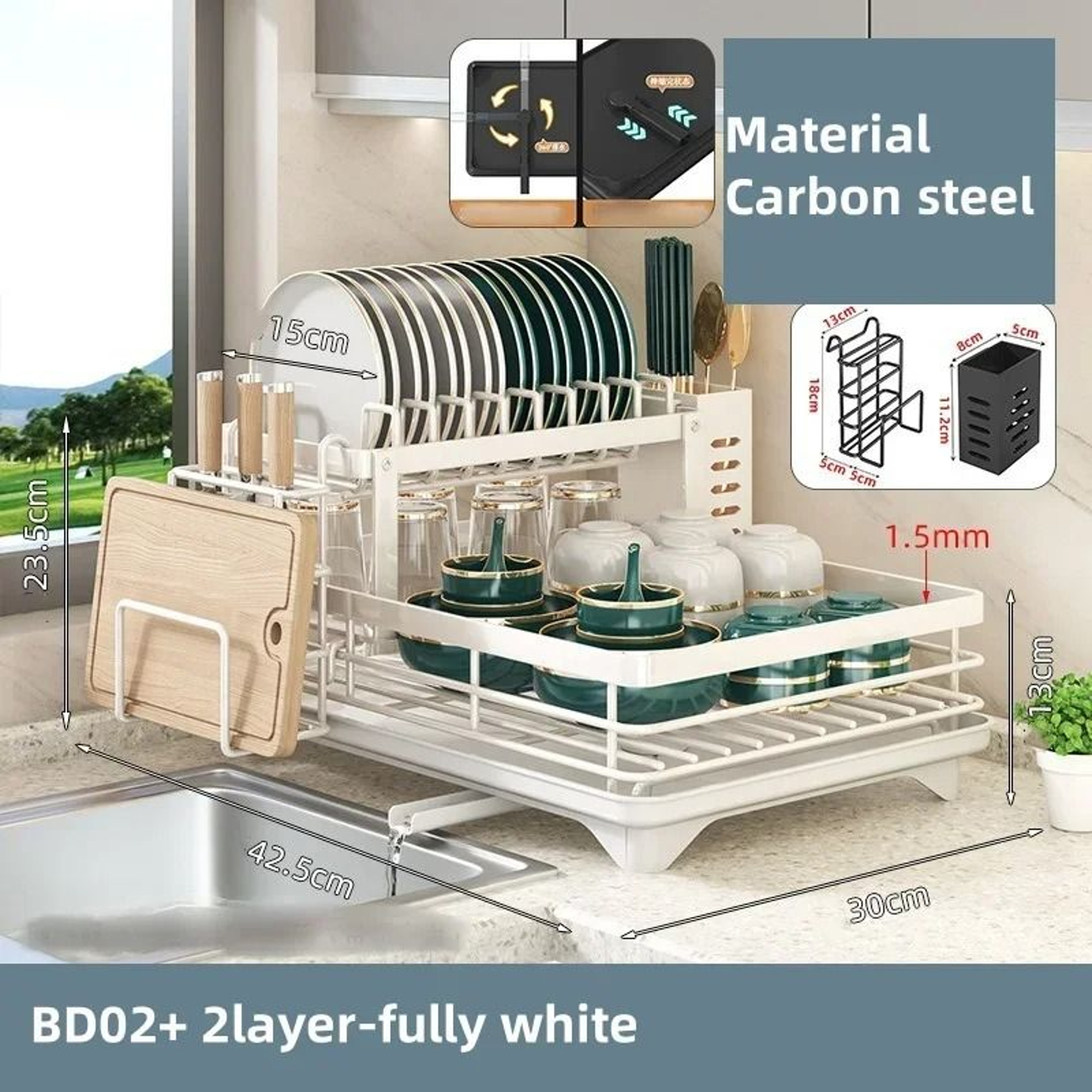 Carbon Steel Dish Drying Rack With Drain Tray Kitchen Counter Organizer 12