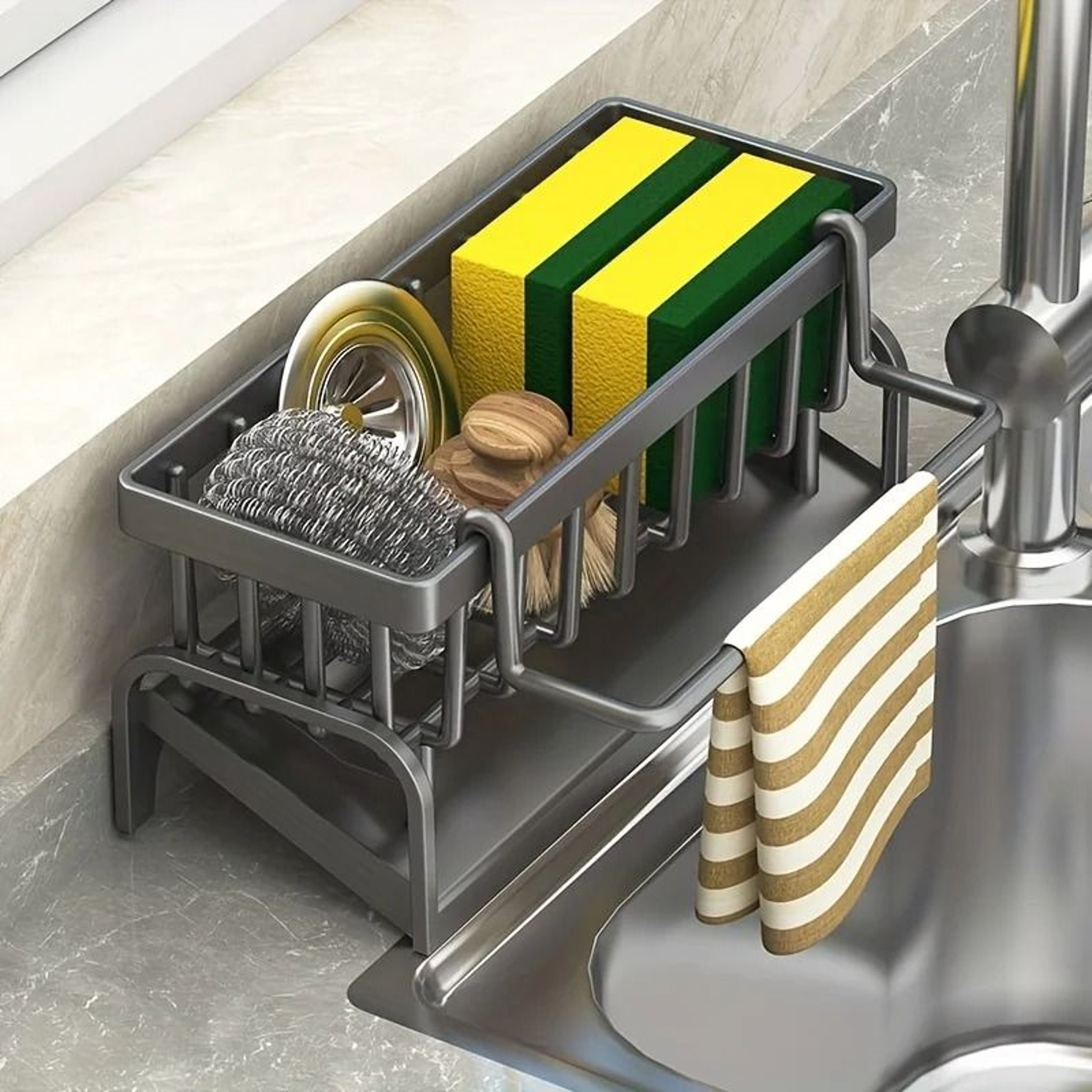 Kitchen Sink Caddy Organizer With Sponge Holder Brush Rack And Soap Storage Tray 0