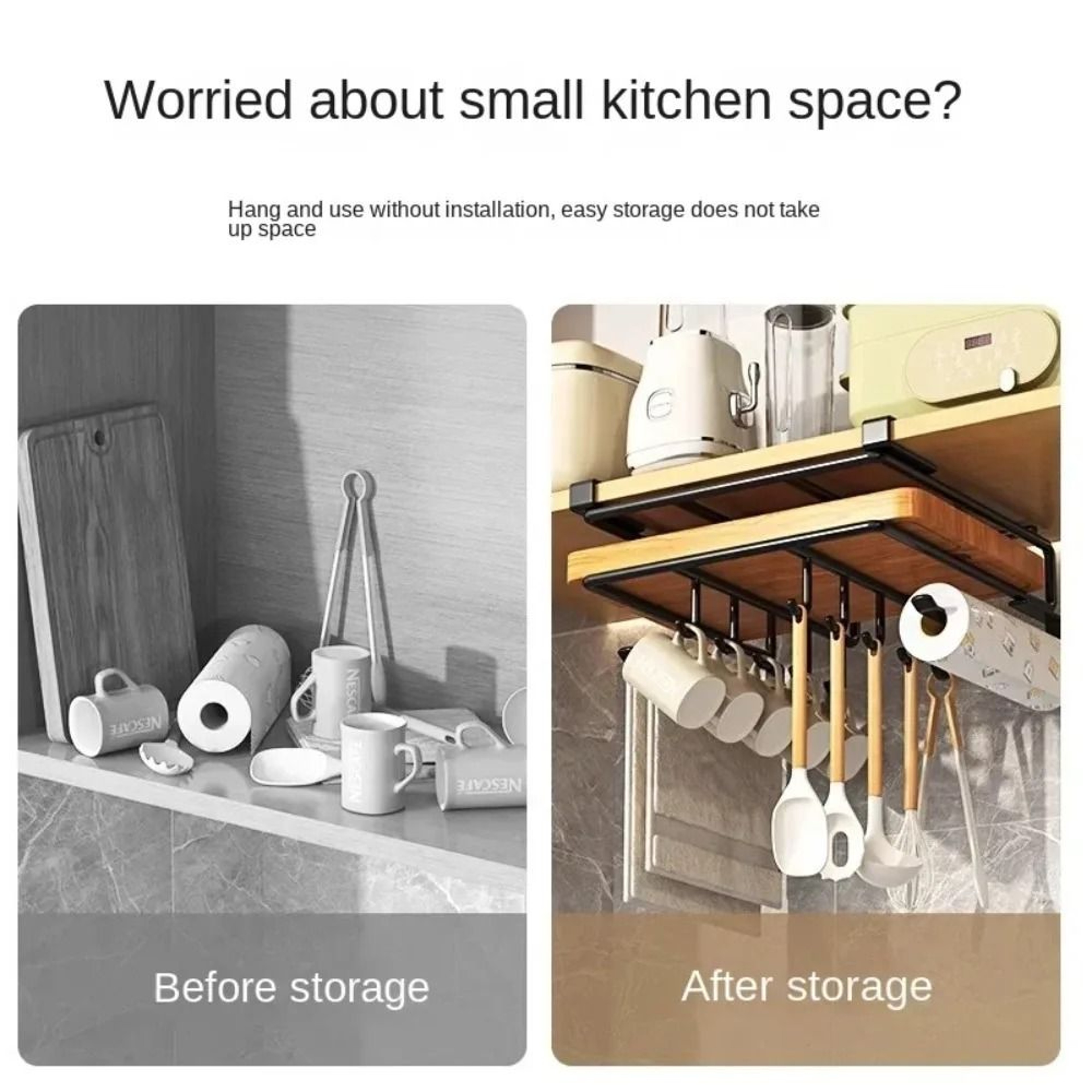 Under Cabinet Kitchen Organizer Rack With Hooks Cutting Board Pot Lid And Paper Towel Holder 4