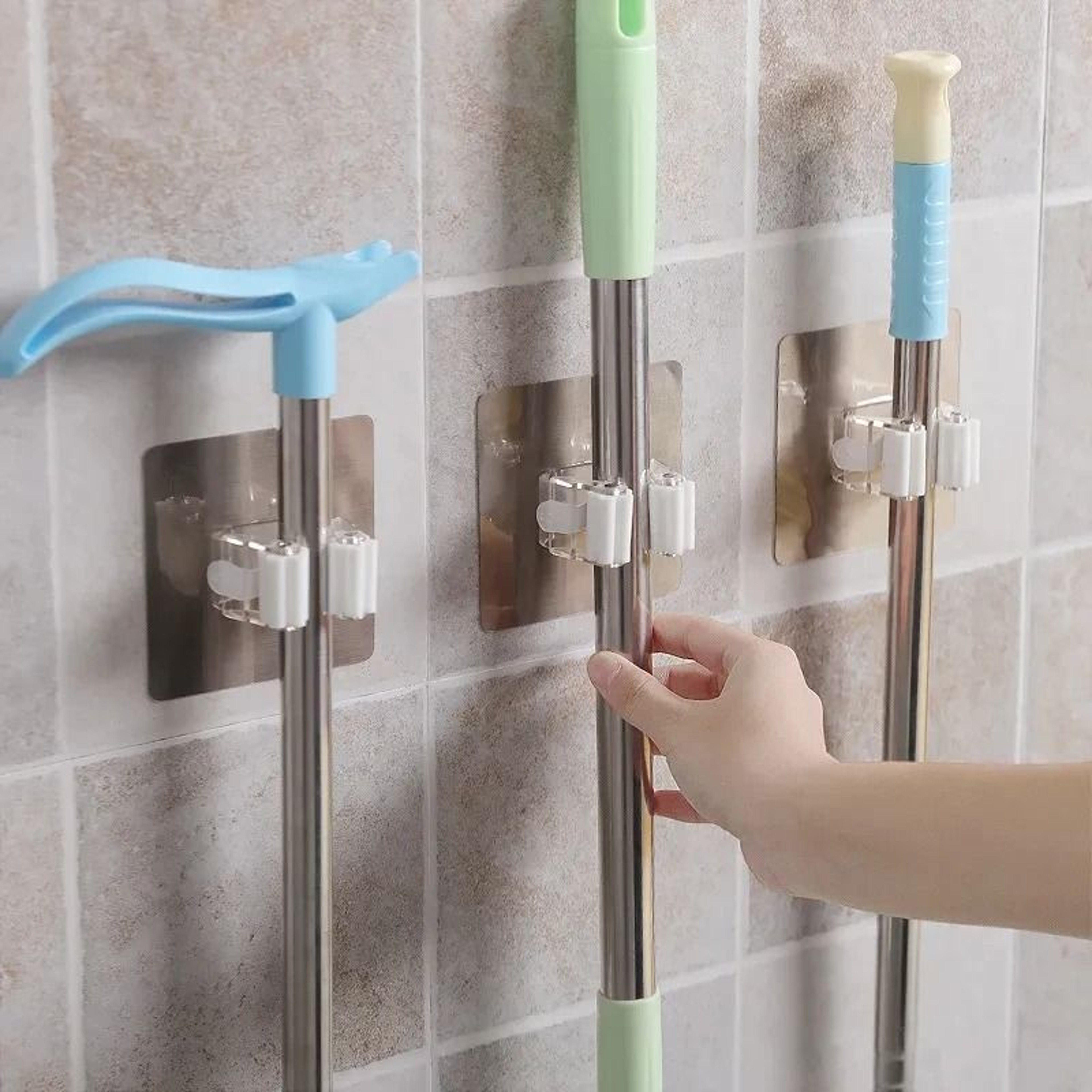 Adhesive Mop And Broom Holder Wall Mounted MultiPurpose Organizer Rack With Strong Hooks 2