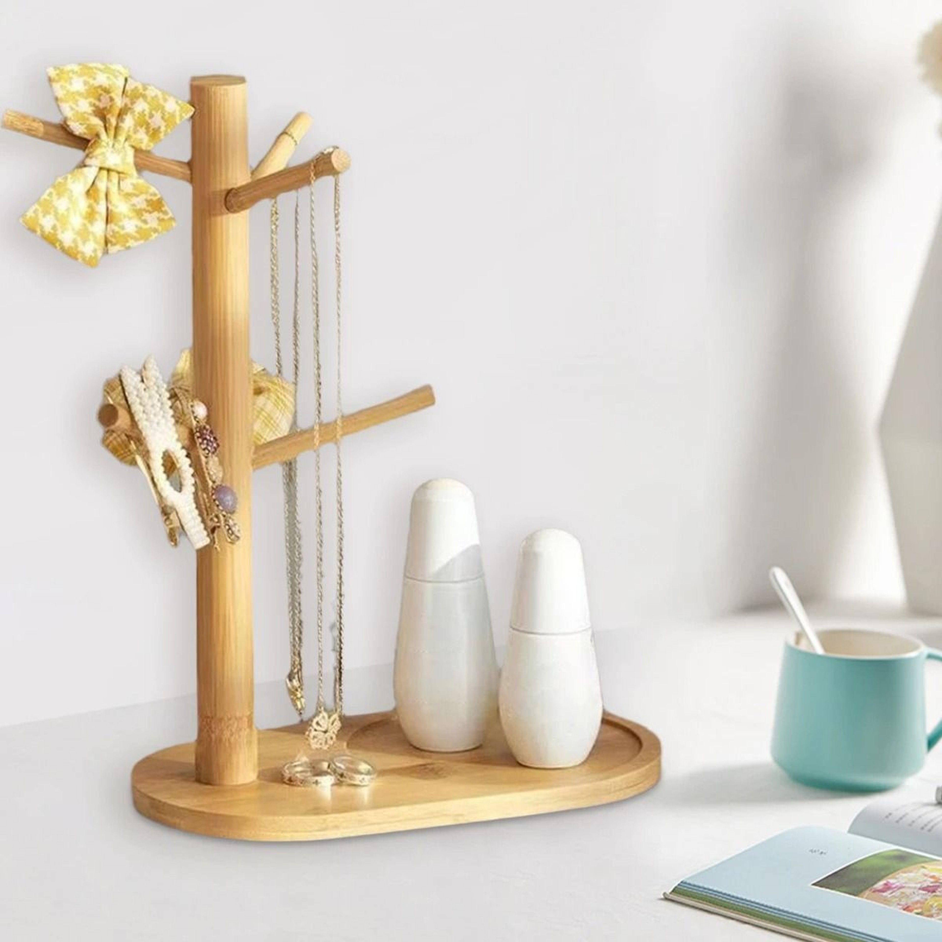 Bamboo Mug Tree Holder Coffee Cup Rack With 3 Or 6 Hooks NonSlip Countertop Organizer 2