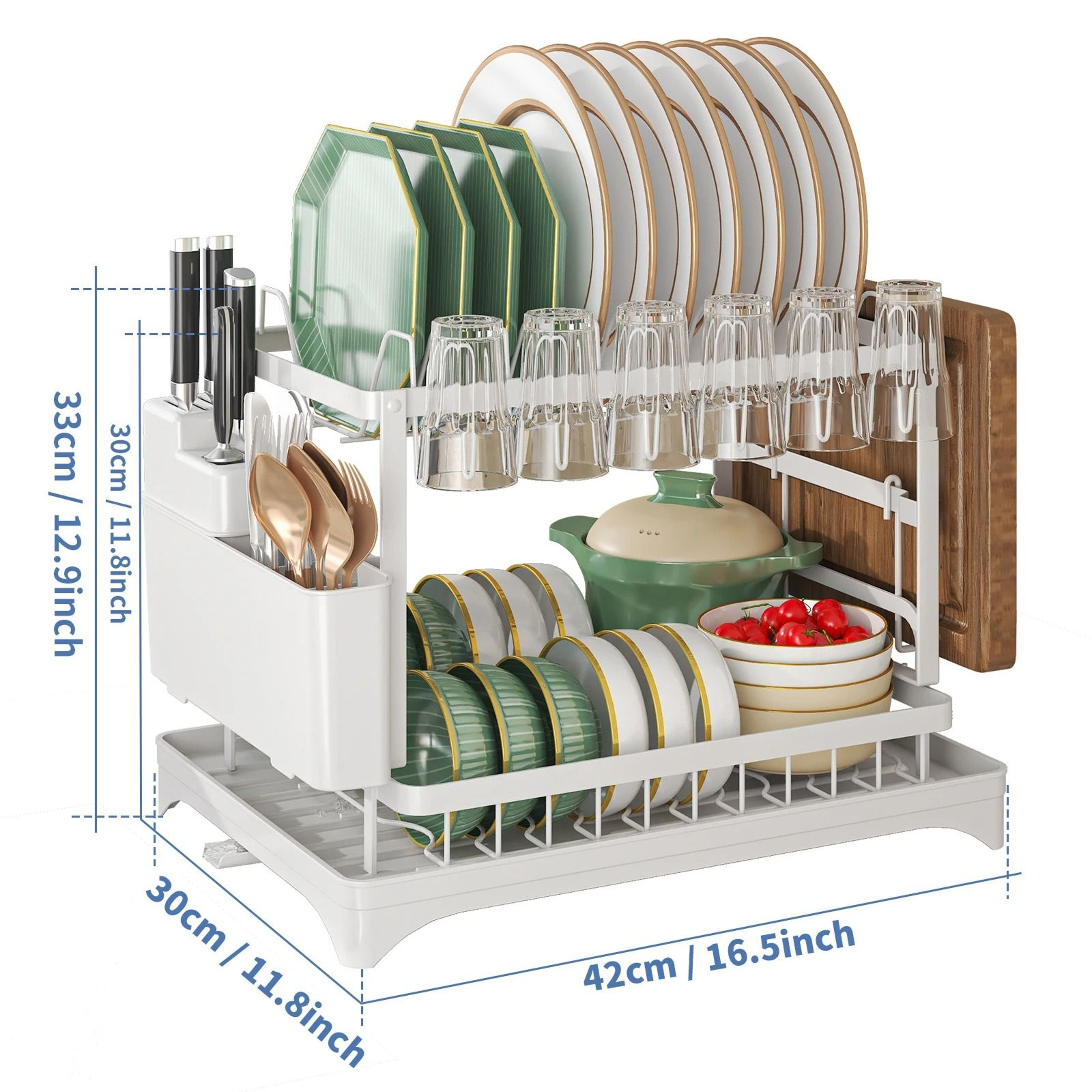 2 Tier Dish Drying Rack With Drain Tray Cutlery Holder  Cup Storage Organizer 6