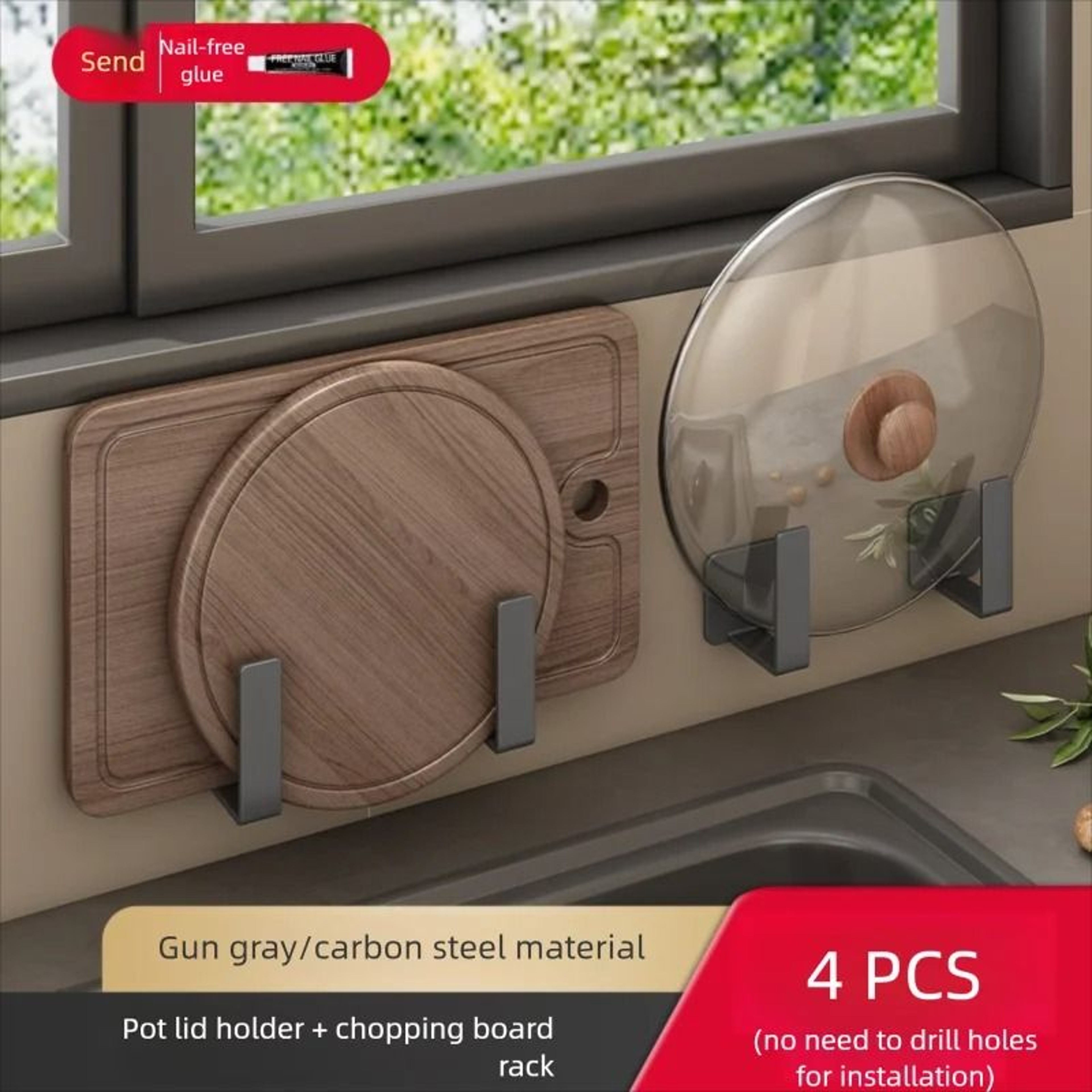 Wall Mounted Pot Lid  Cutting Board Holder Rack With Self Adhesive Installation For Kitchen Organiz 6