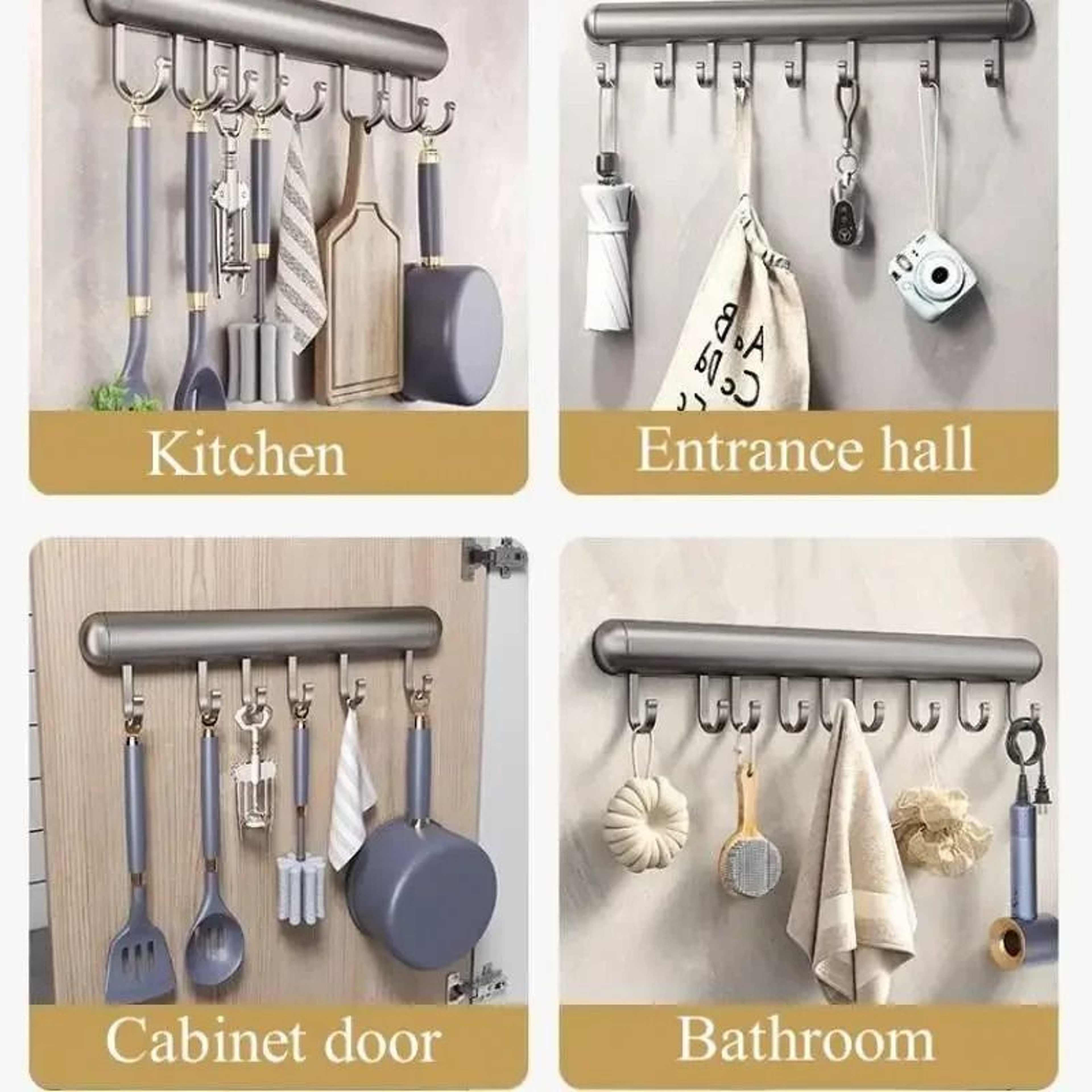 Wall Mounted Kitchen Utensil Rack With Movable Hooks For Pots Spoons  Cooking Tools 2