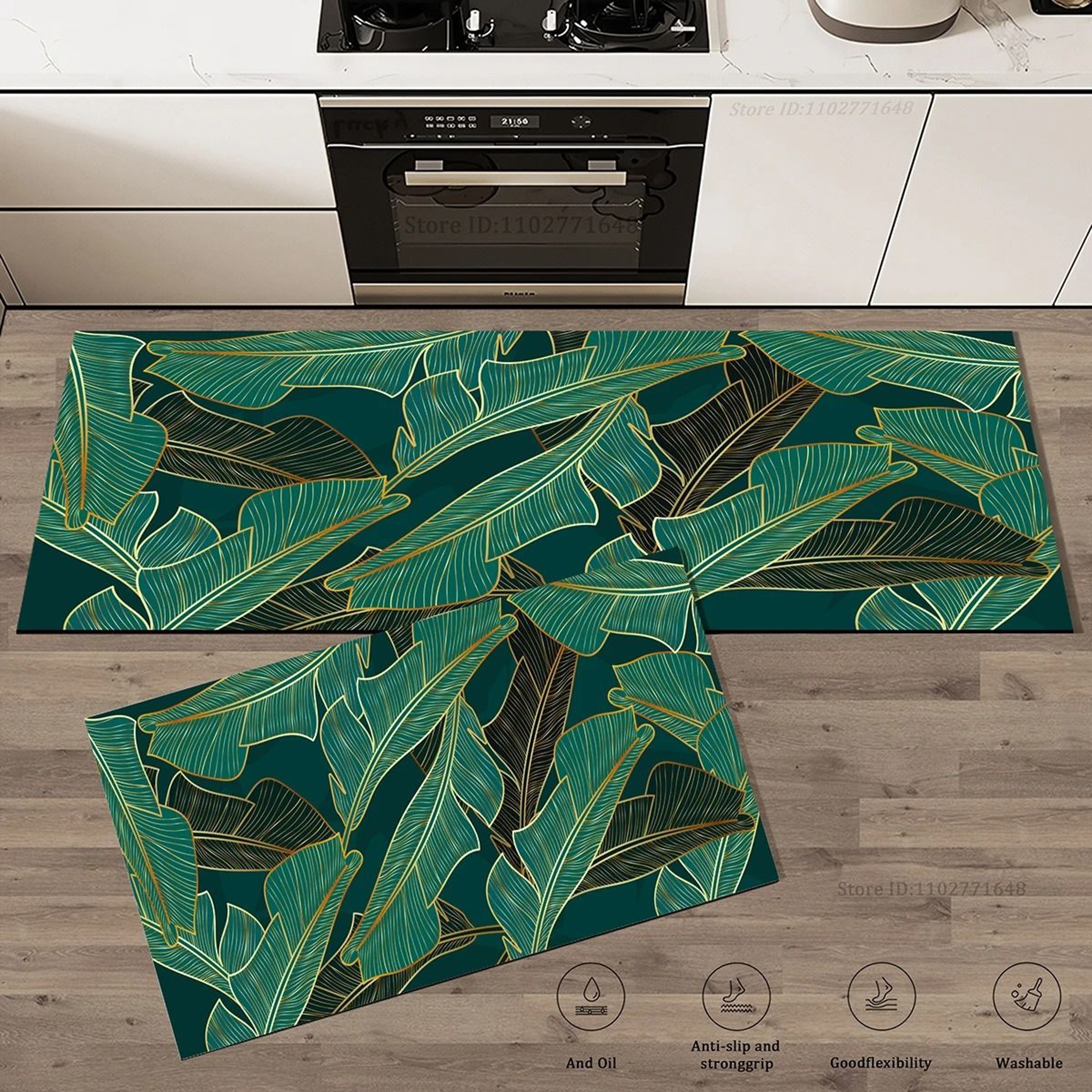 Green Leaf Absorbent Kitchen Floor Mat NonSlip Washable Rug For Kitchen Bathroom  Entryway 2