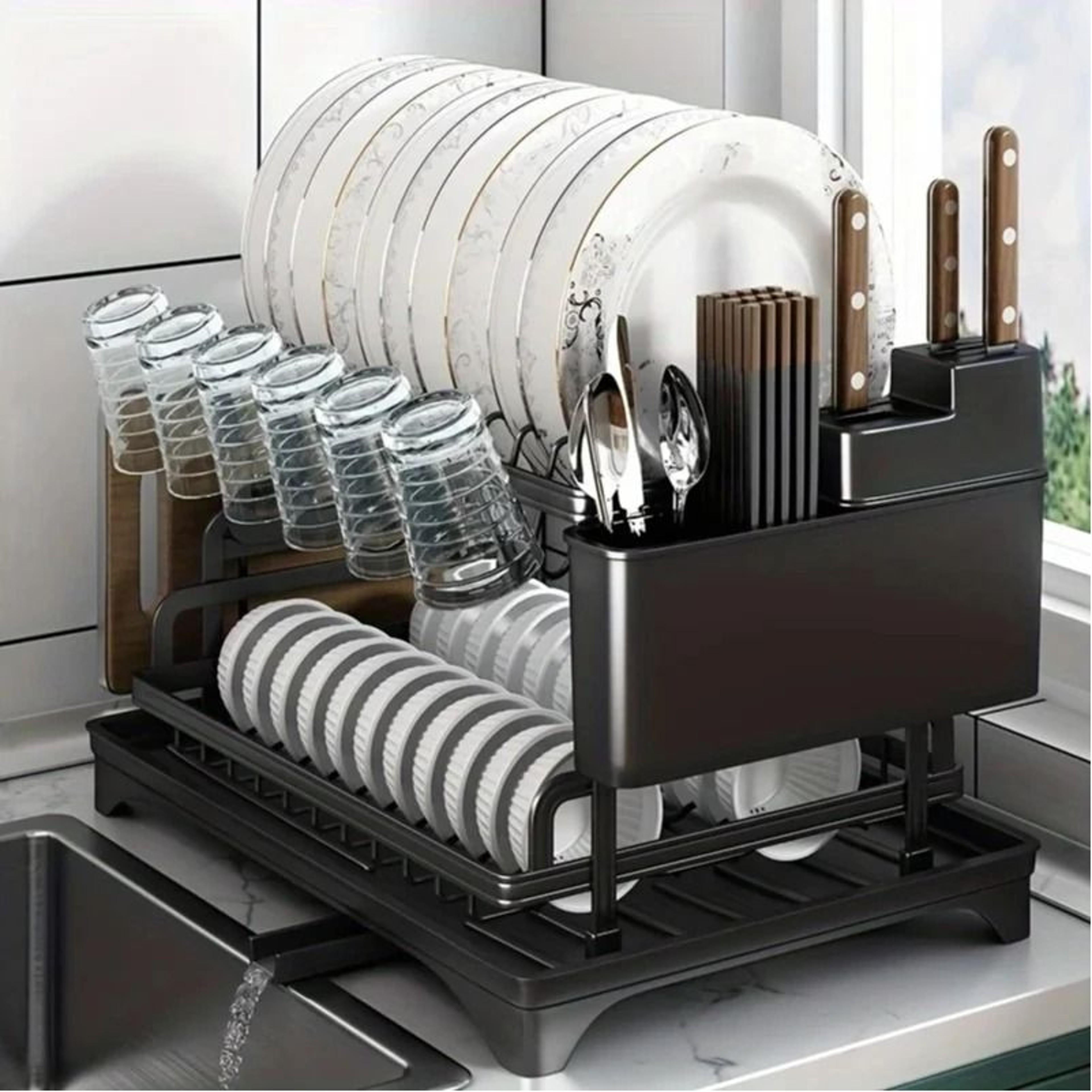 2 Tier Dish Drying Rack Kitchen Counter Dish Drainer With Utensil Holder And Cup Organizer 0