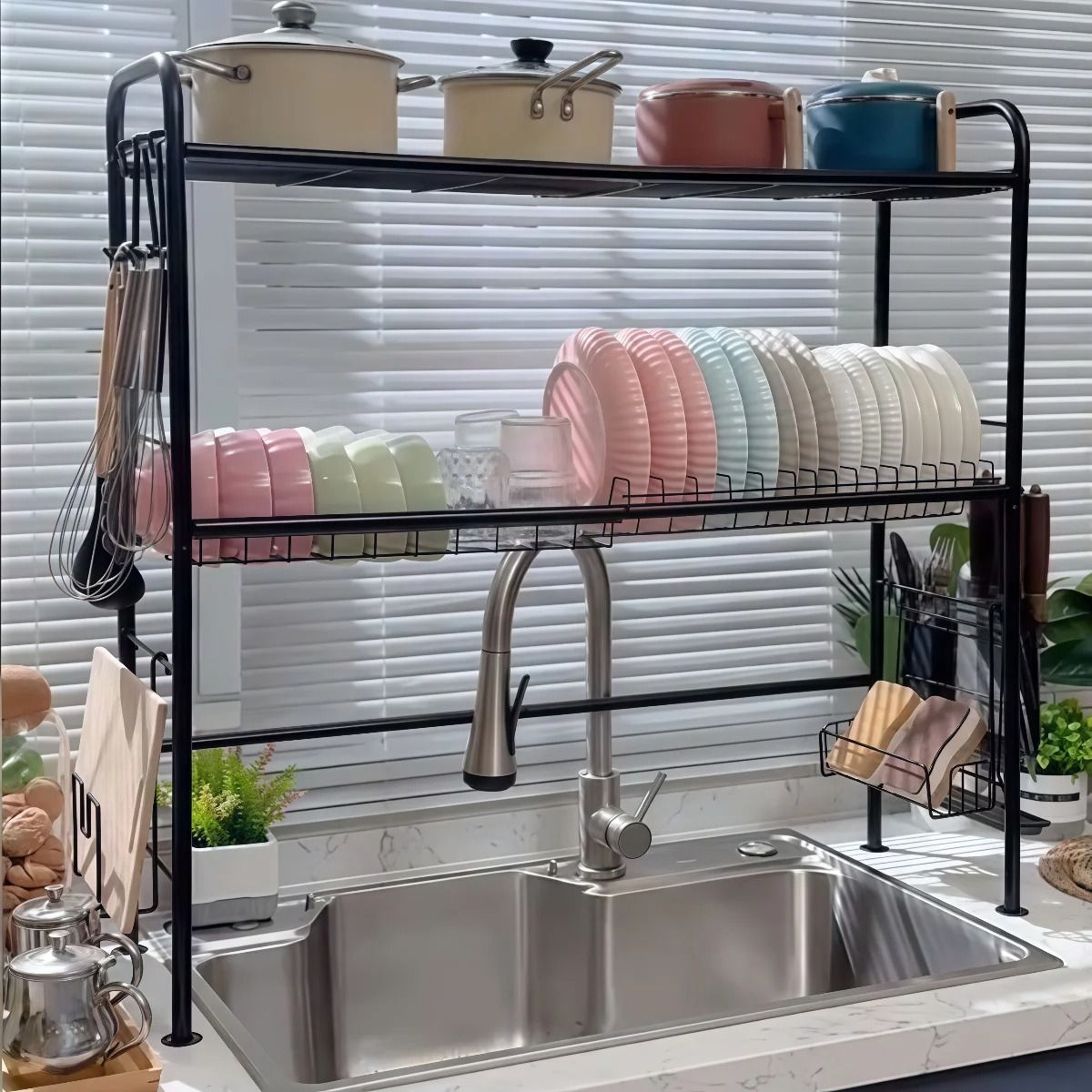 2 Tier Over Sink Dish Drying Rack With Utensil Holder And Rust Resistant Kitchen Organizer 6