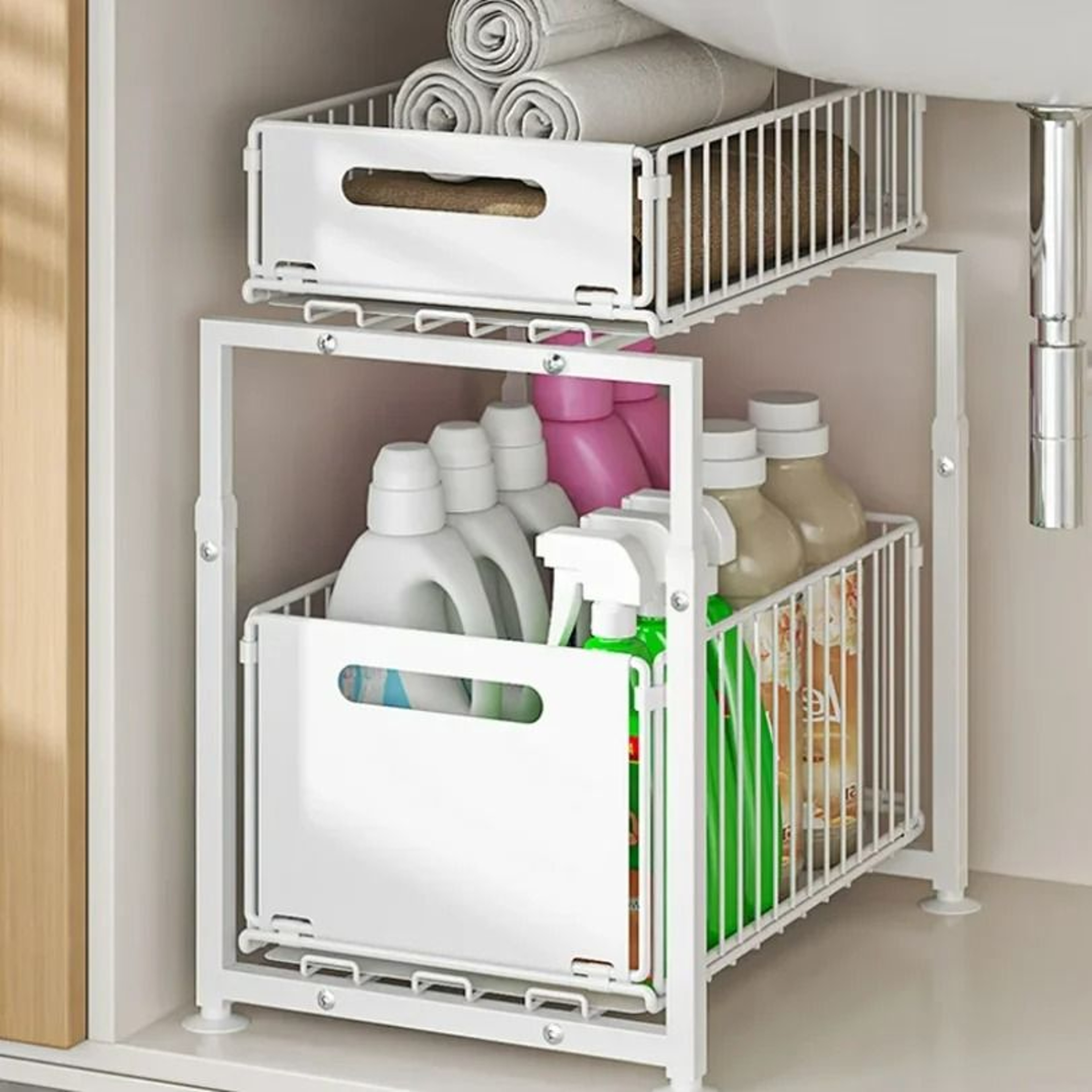 Pull Out Kitchen Sink Storage Rack Double Layer Cabinet Organizer For Spices Bottles And Snacks 4