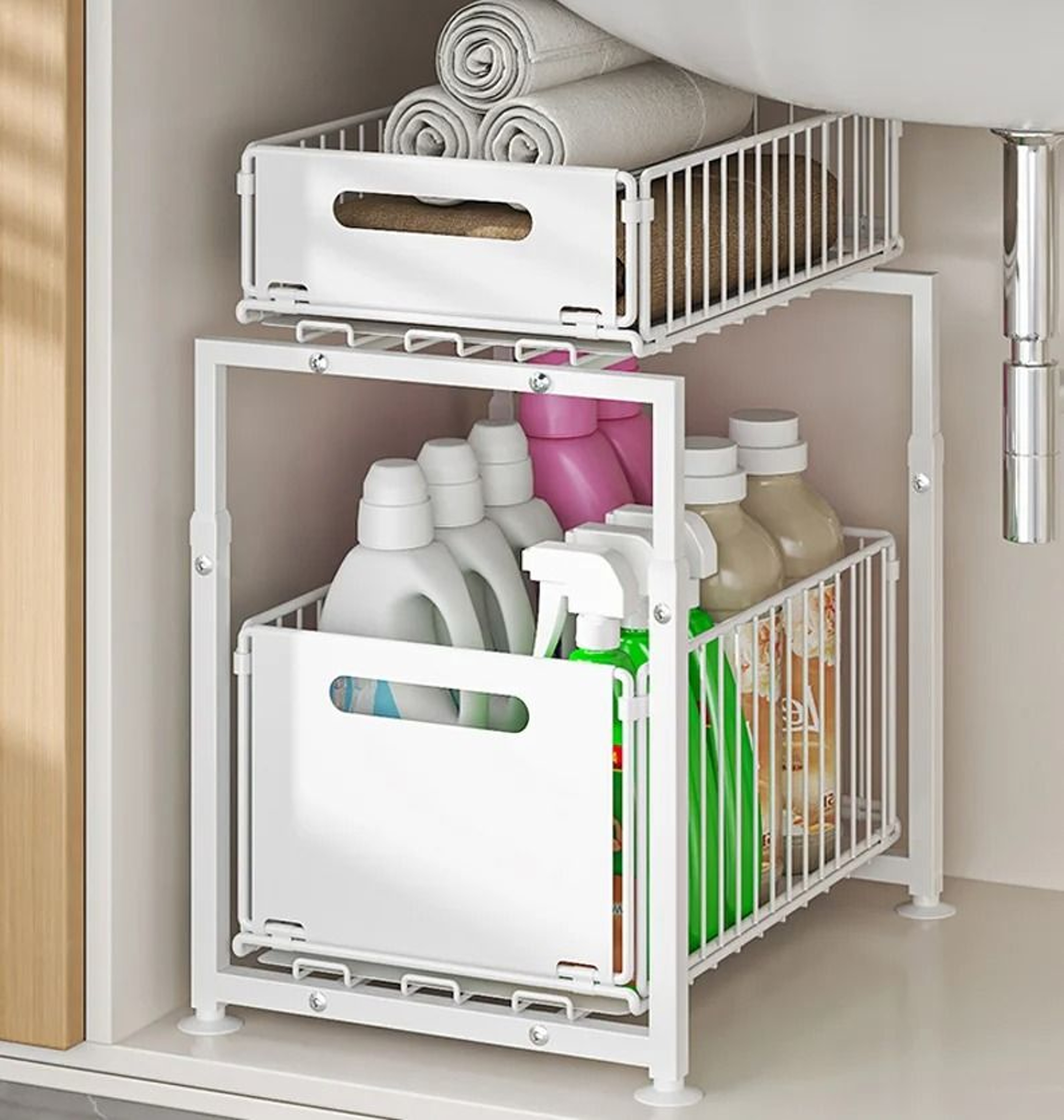 Pull Out Kitchen Sink Storage Rack Double Layer Cabinet Organizer For Spices Bottles And Snacks 7