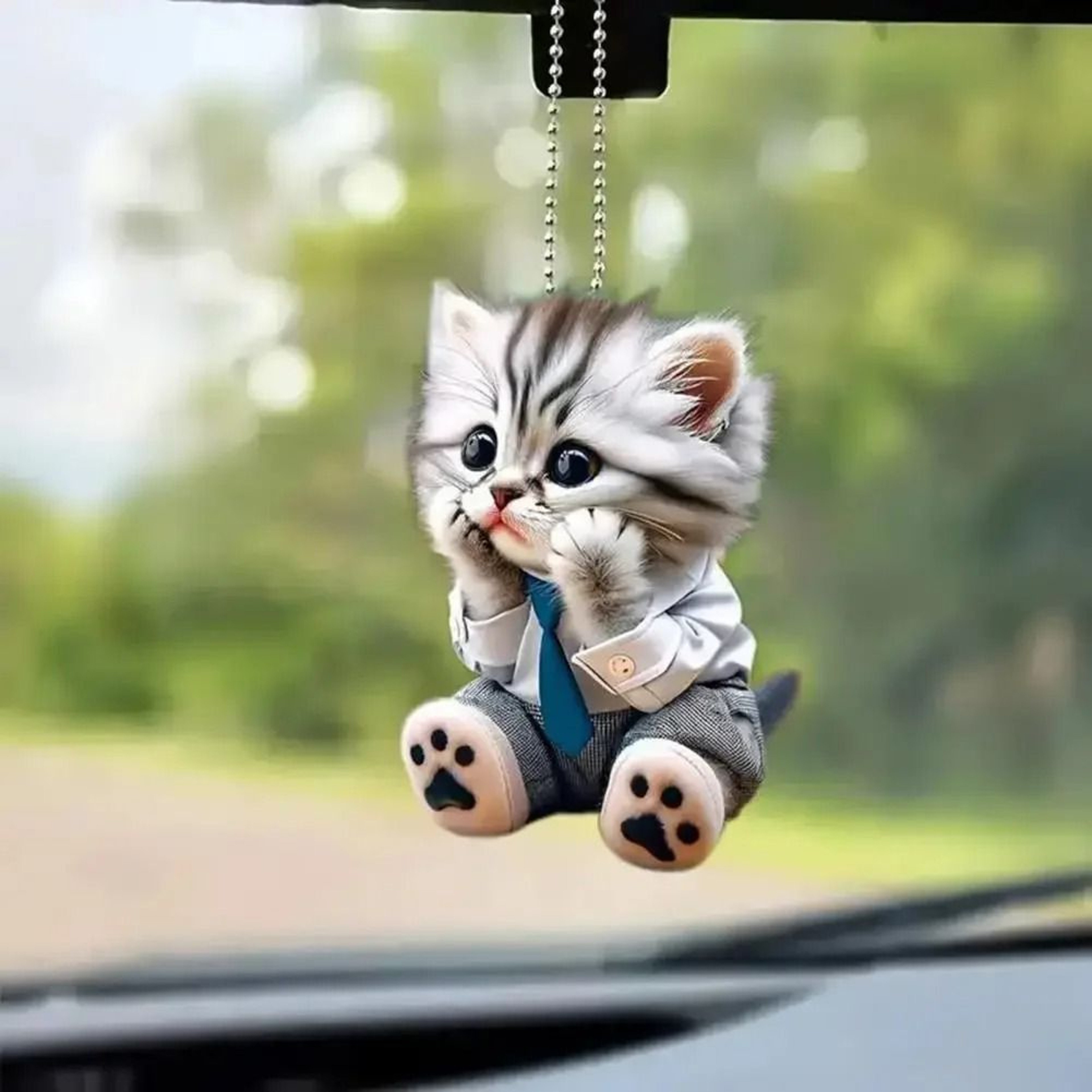 Realistic Cat Rearview Mirror Hanging Ornament With Decorative Chain 0