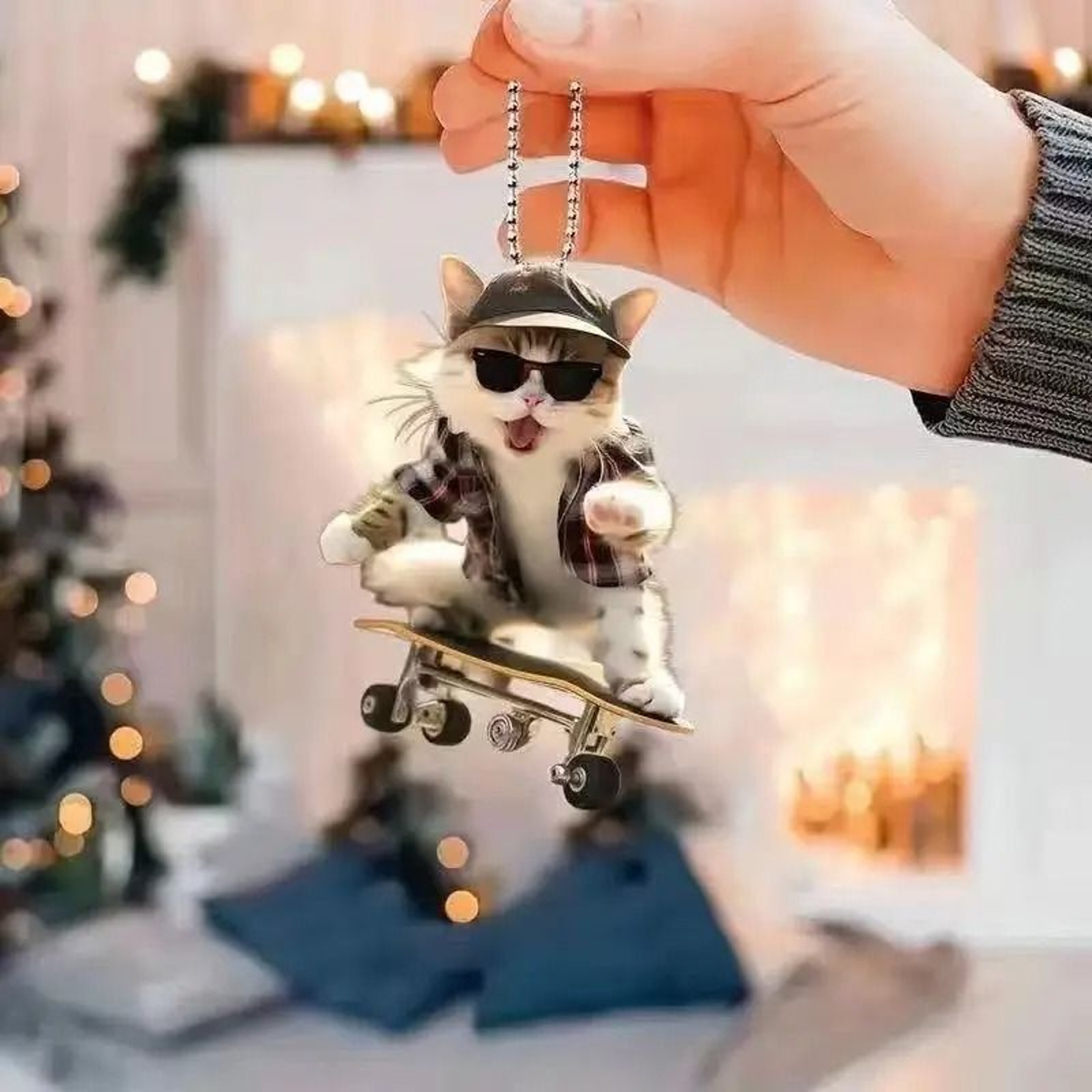 Realistic Cat Rearview Mirror Hanging Ornament With Decorative Chain 11