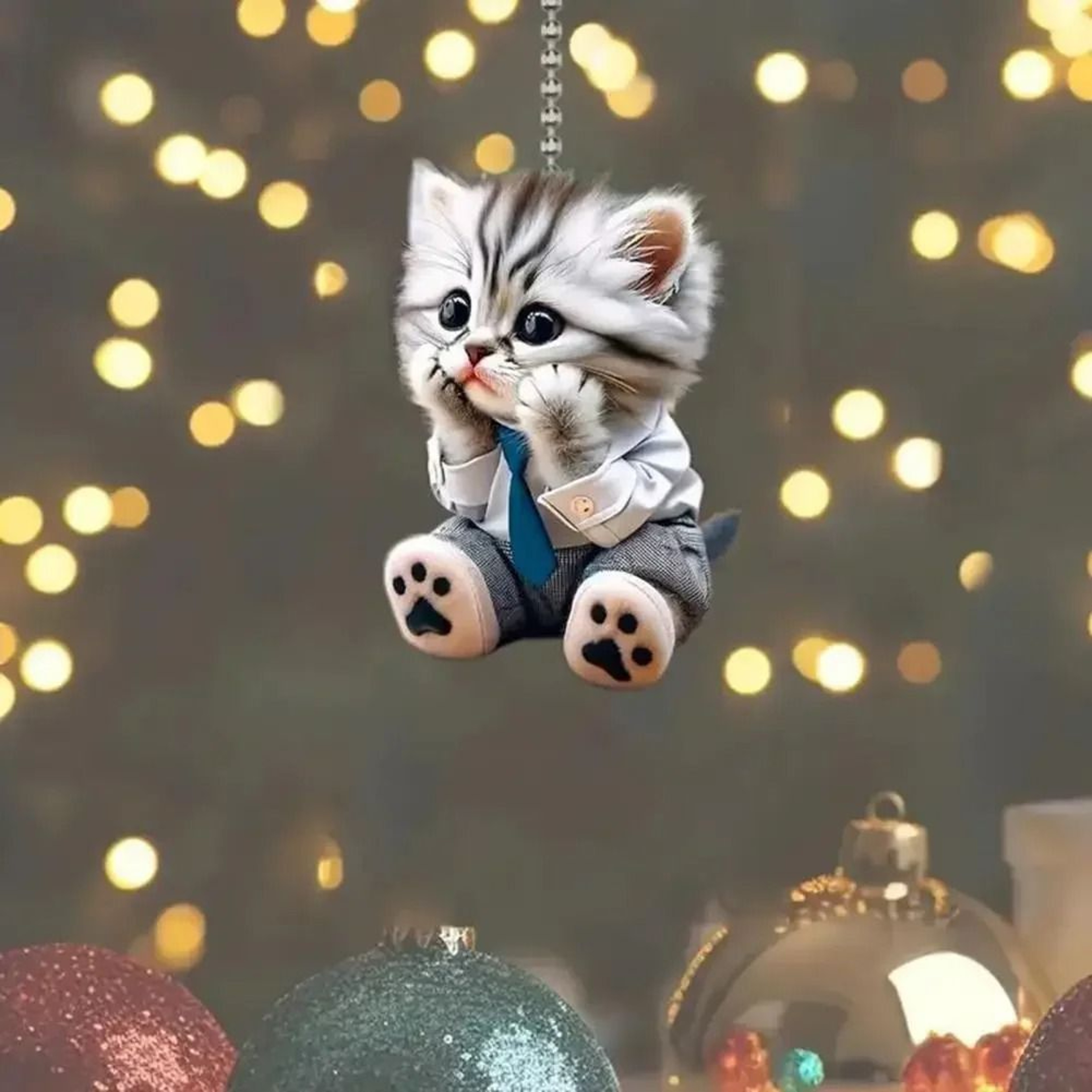 Realistic Cat Rearview Mirror Hanging Ornament With Decorative Chain 2