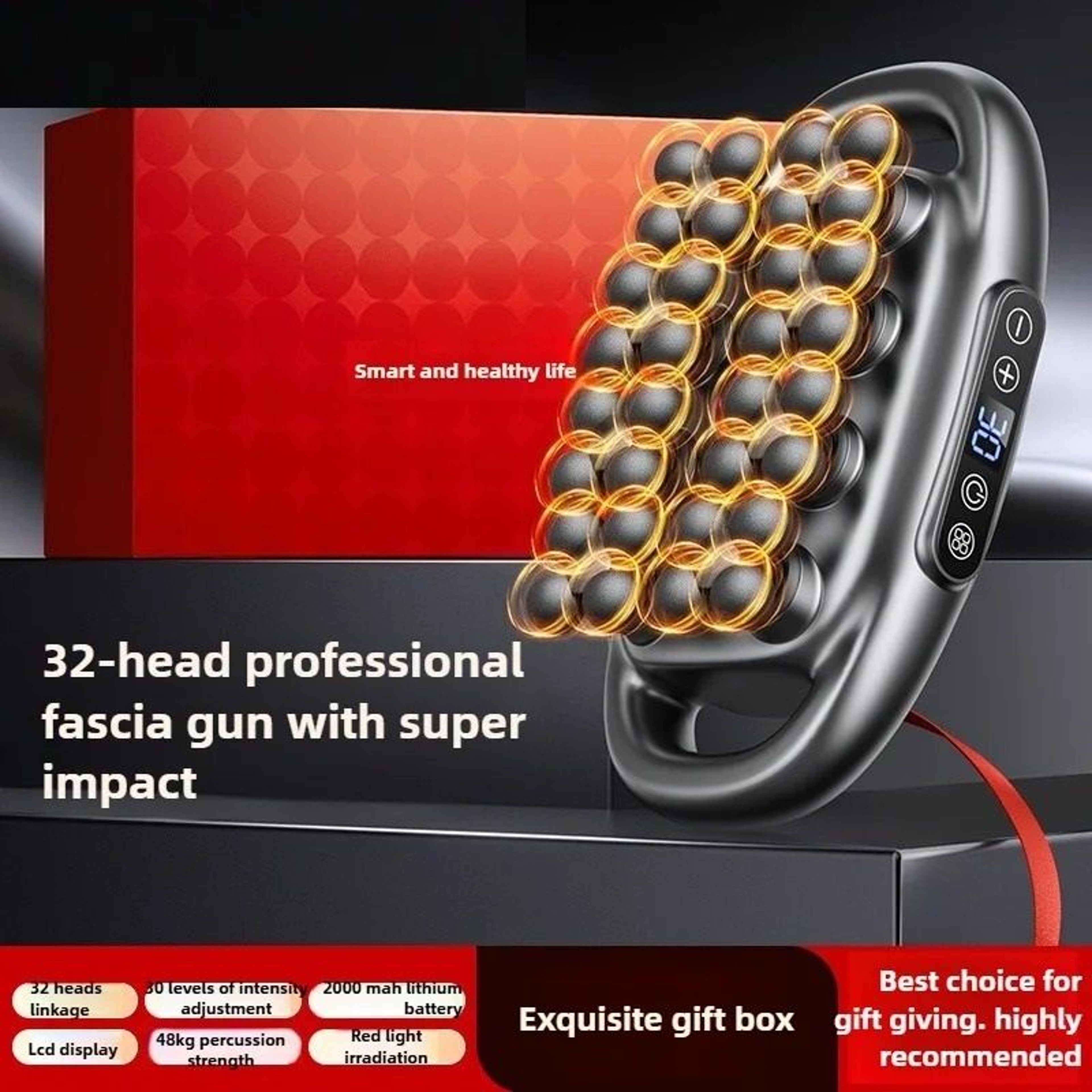 Professional Deep Tissue Percussion Massager With 32 Interchangeable Heads And Red Light Therapy 5