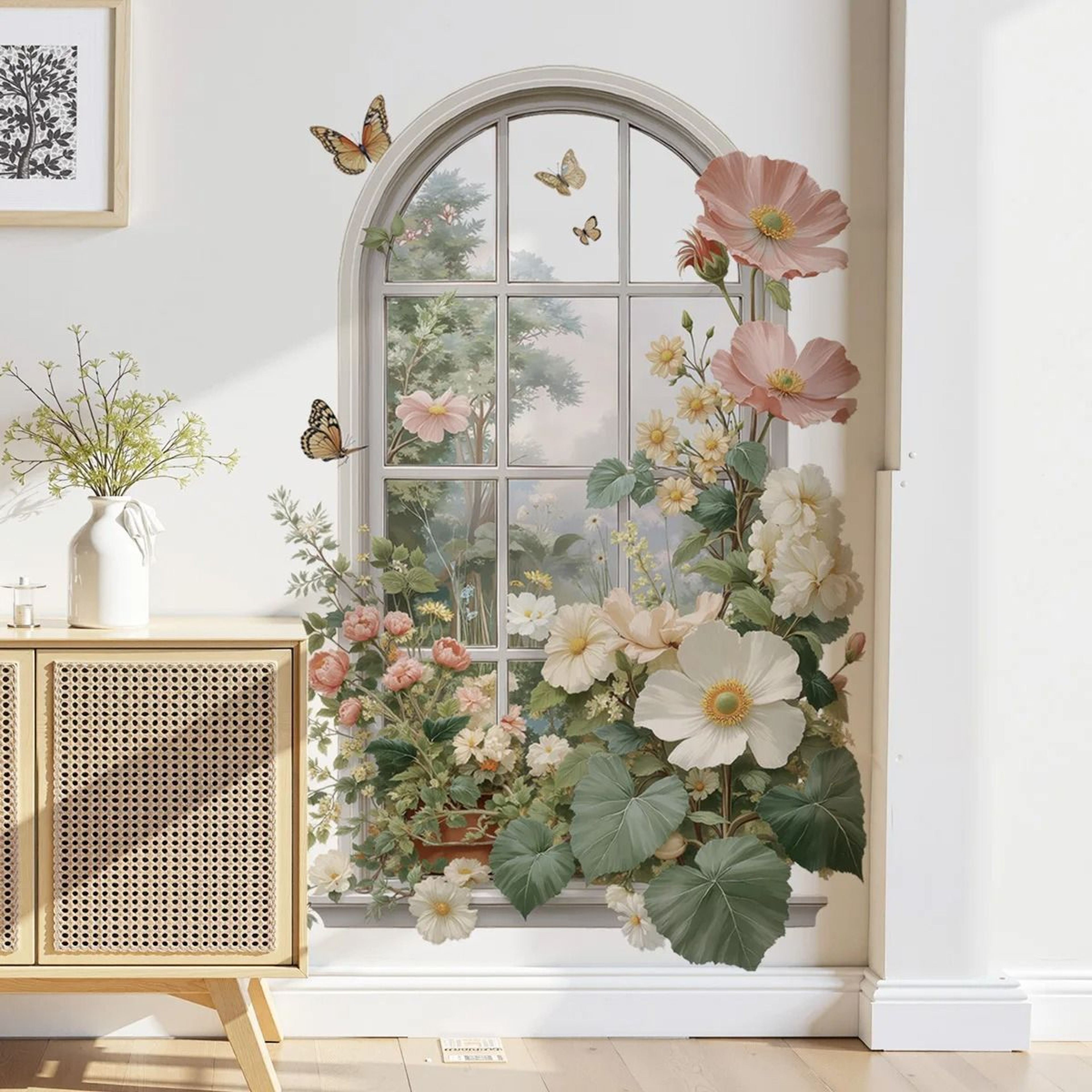 3D Realistic Fake Window Wall Sticker  Removable SelfAdhesive Plant Flower  Butterfly Decal 0