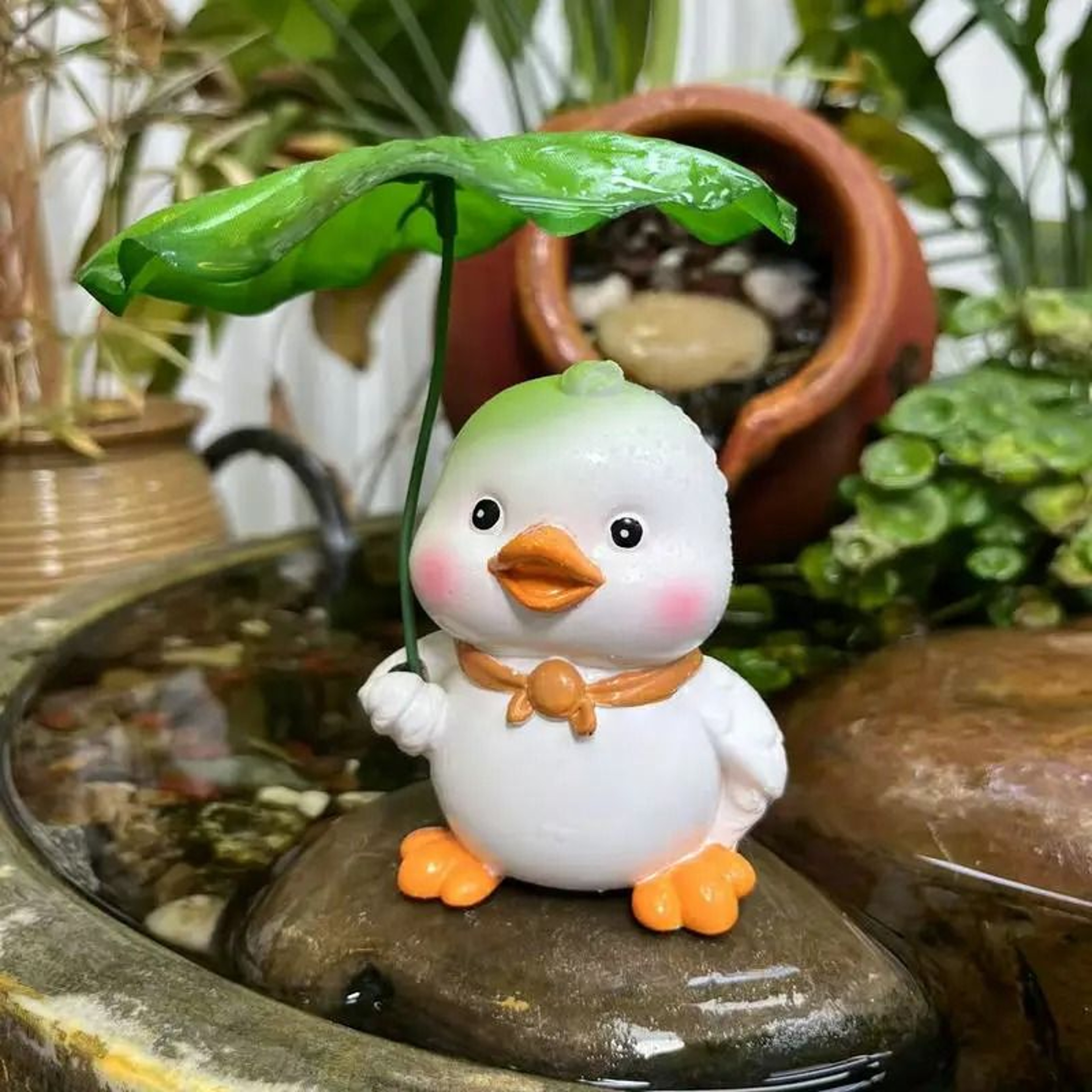 Cute Duck With Leaf Umbrella Garden Statue  Whimsical Resin Figurine For Patio Pond And Fairy Garde 5