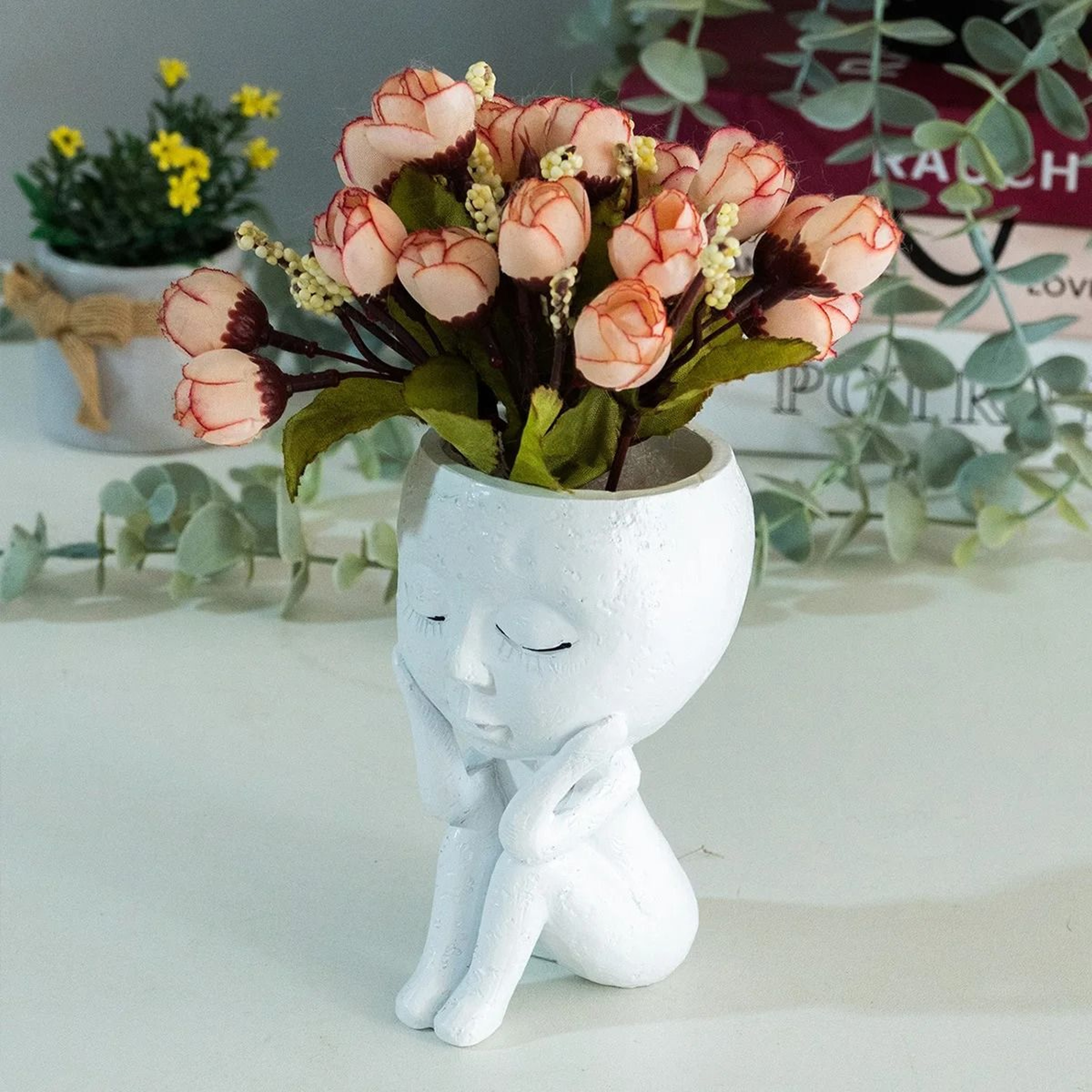 Cute Thinking Human Face Planter Pot  Closed Eyes Resin Succulent Planter Figurine Vase 2