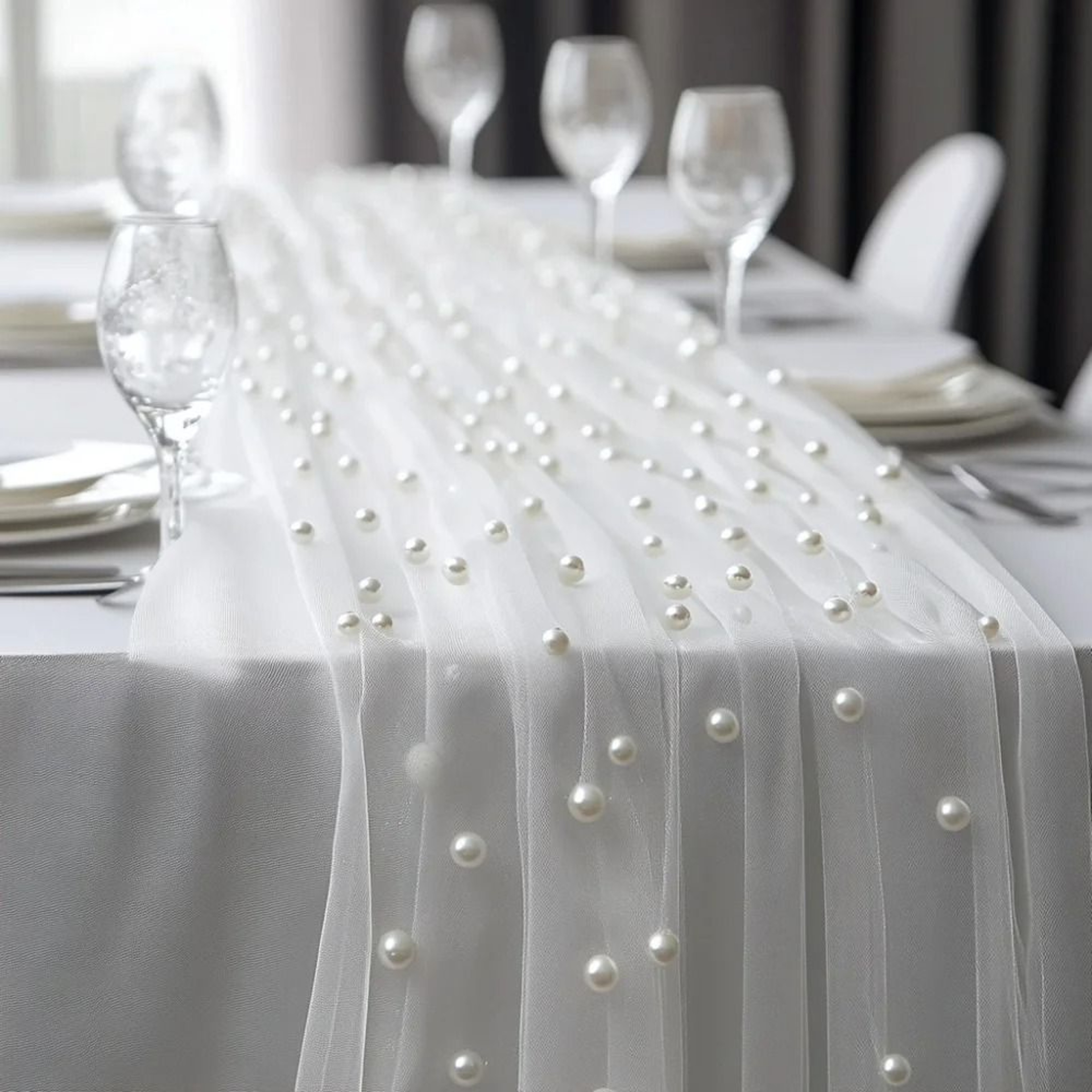Pearl Chiffon Table Runner 315x1181 Inch Semi Transparent Mesh Tablecloth For Wedding Decor 2