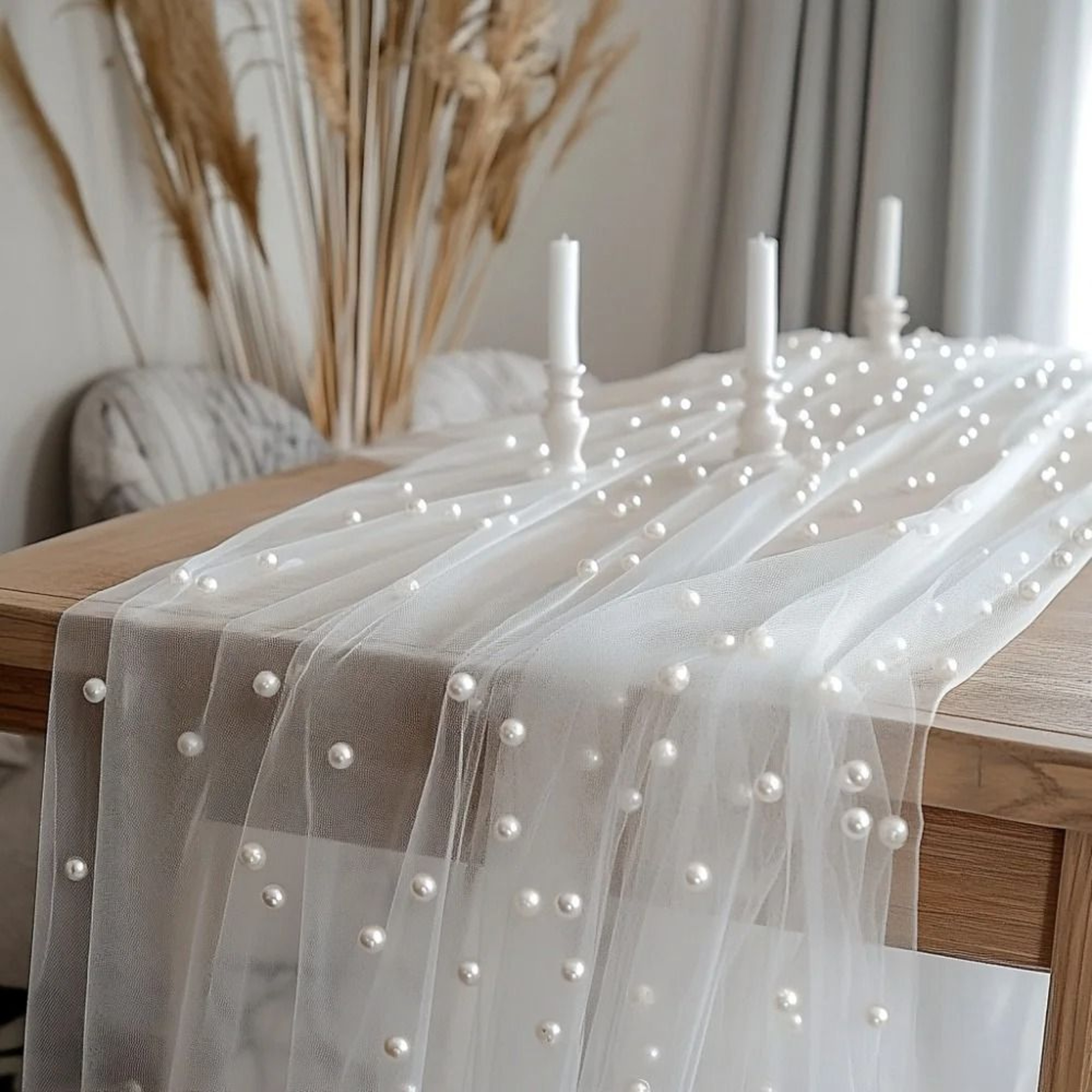 Pearl Chiffon Table Runner 315x1181 Inch Semi Transparent Mesh Tablecloth For Wedding Decor 6