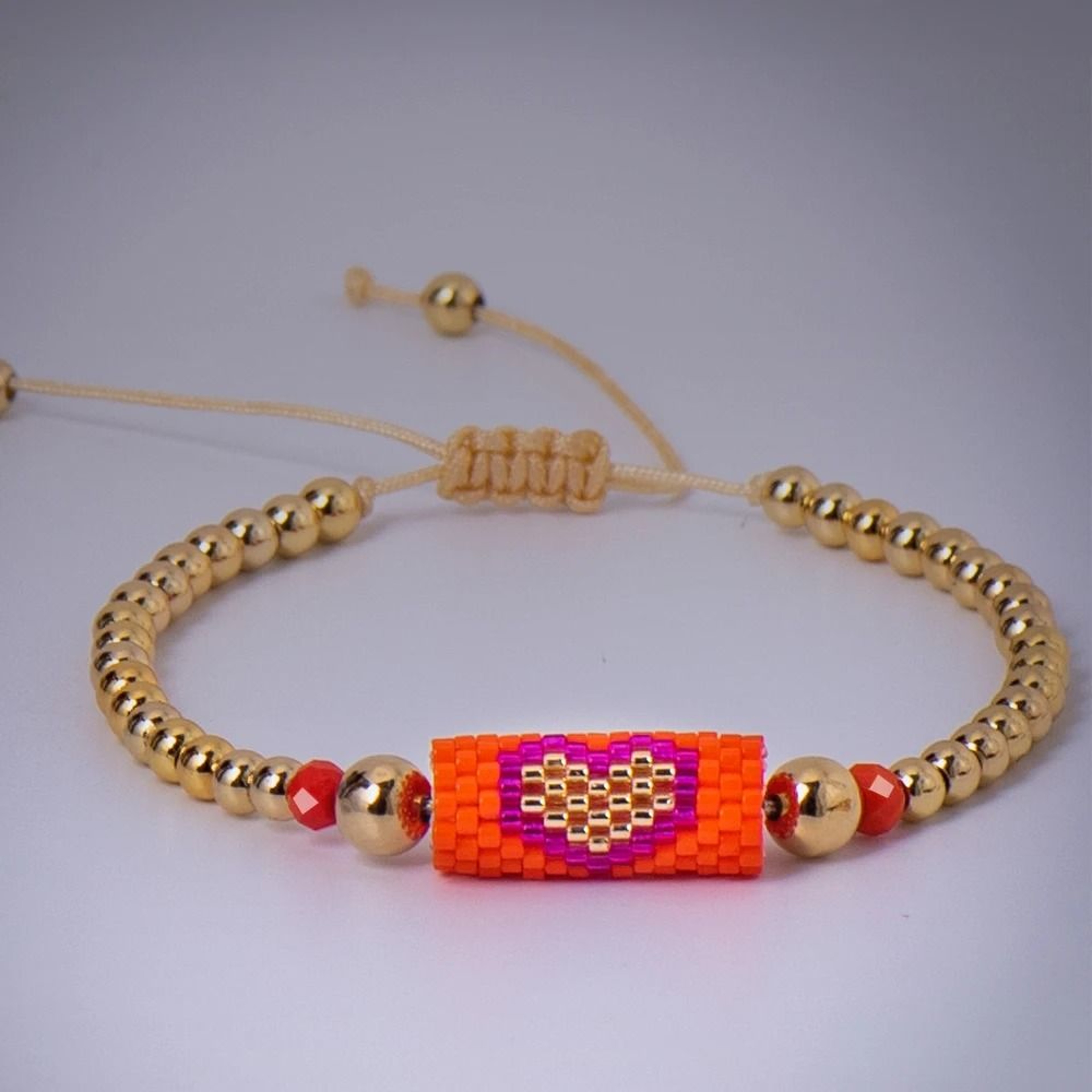 Handmade Woven Heart Beaded Adjustable Gold Accent Boho Summer Wristband 7
