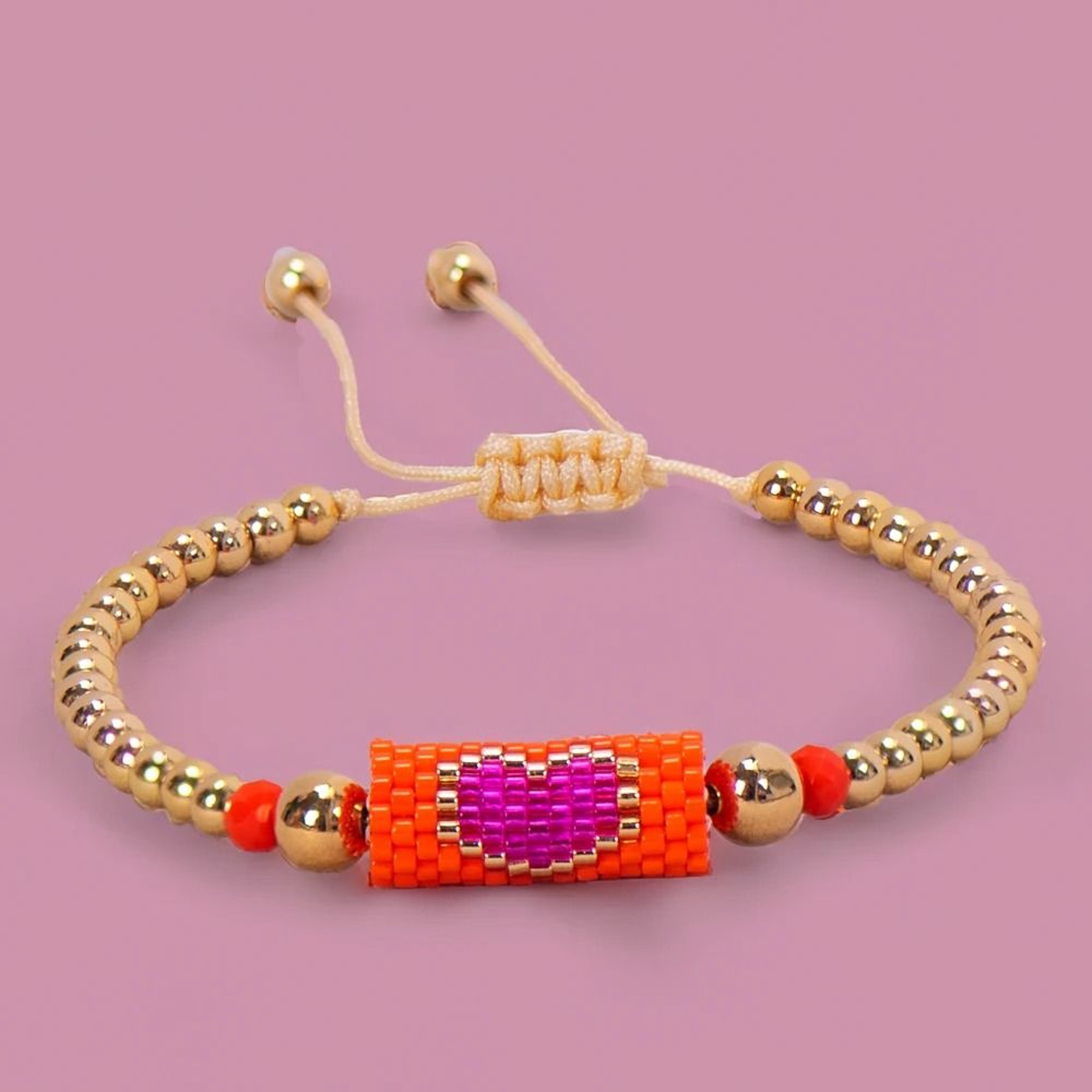 Handmade Woven Heart Beaded Adjustable Gold Accent Boho Summer Wristband 9