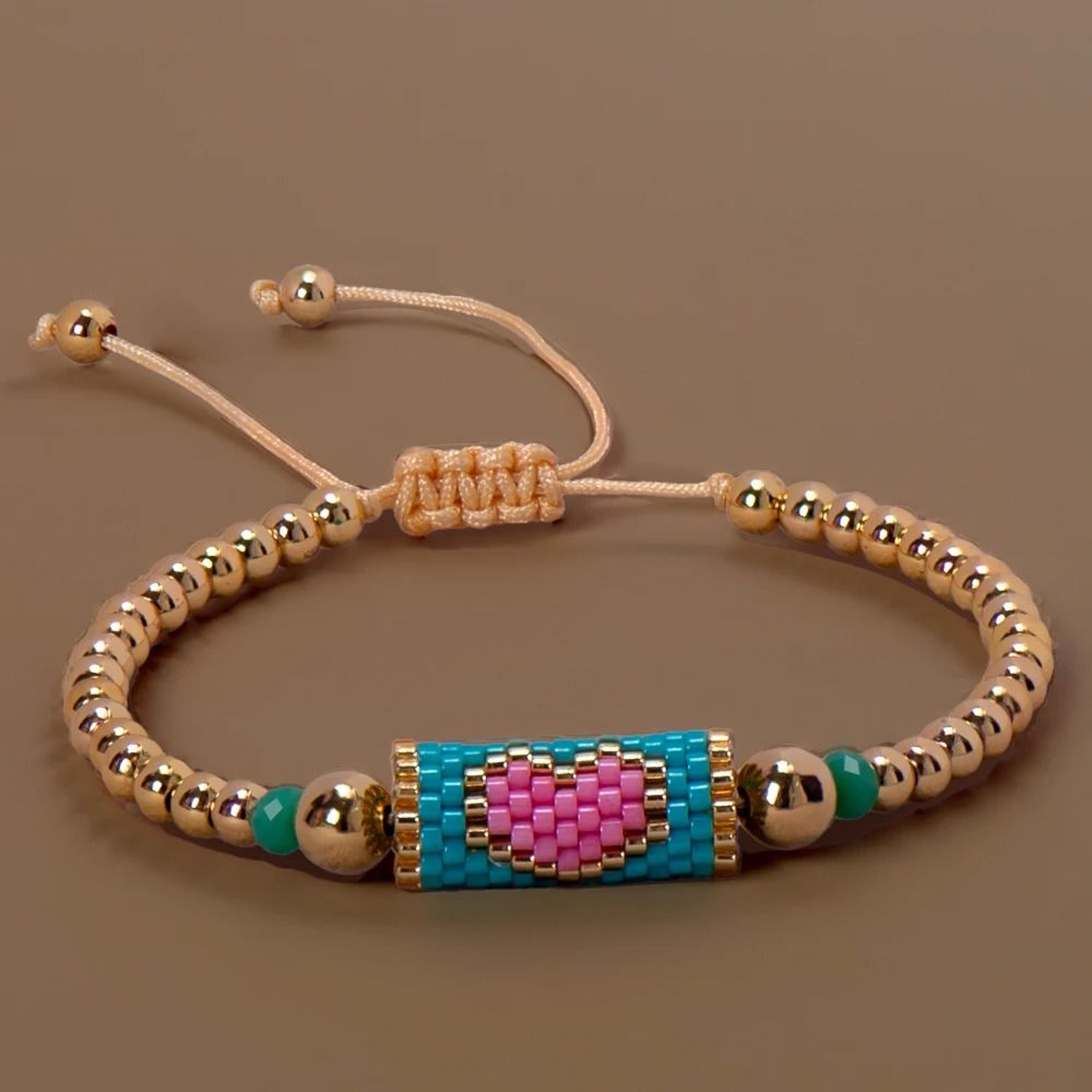 Handmade Woven Heart Beaded Adjustable Gold Accent Boho Summer Wristband 6