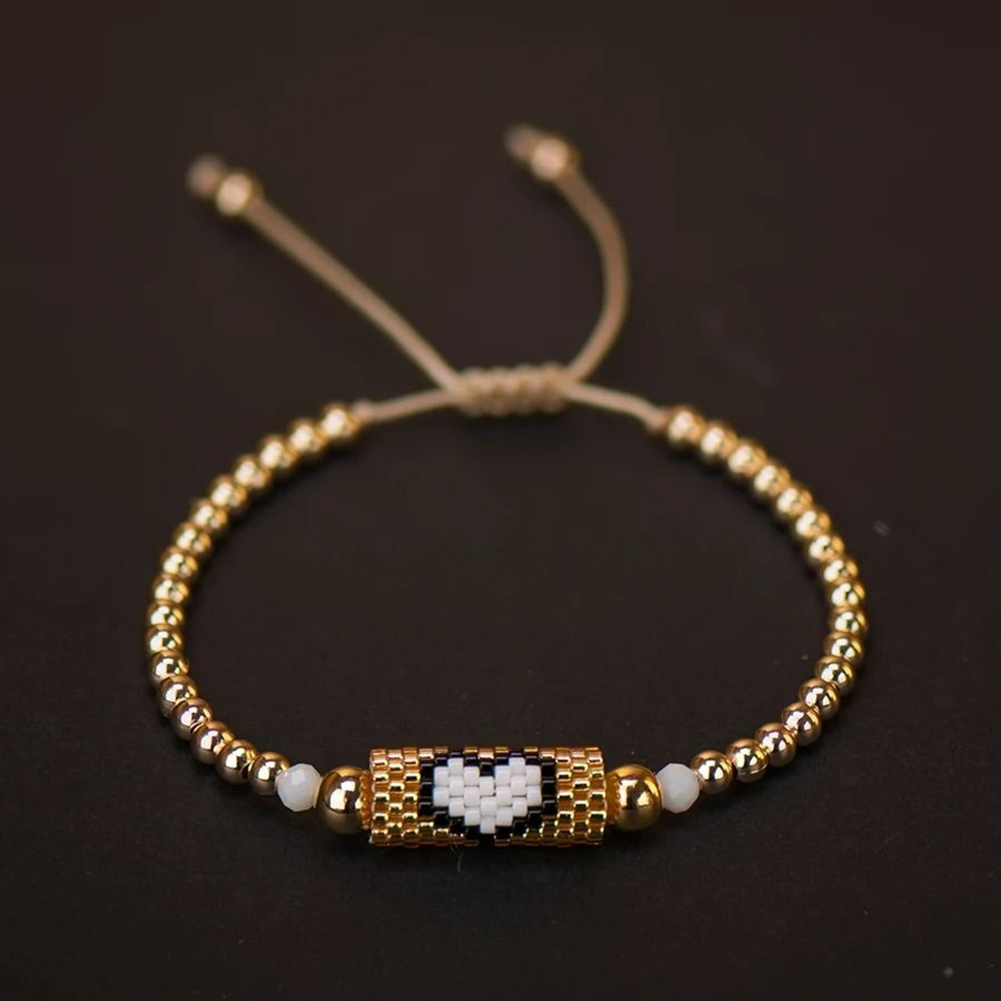 Handmade Woven Heart Beaded Adjustable Gold Accent Boho Summer Wristband 24