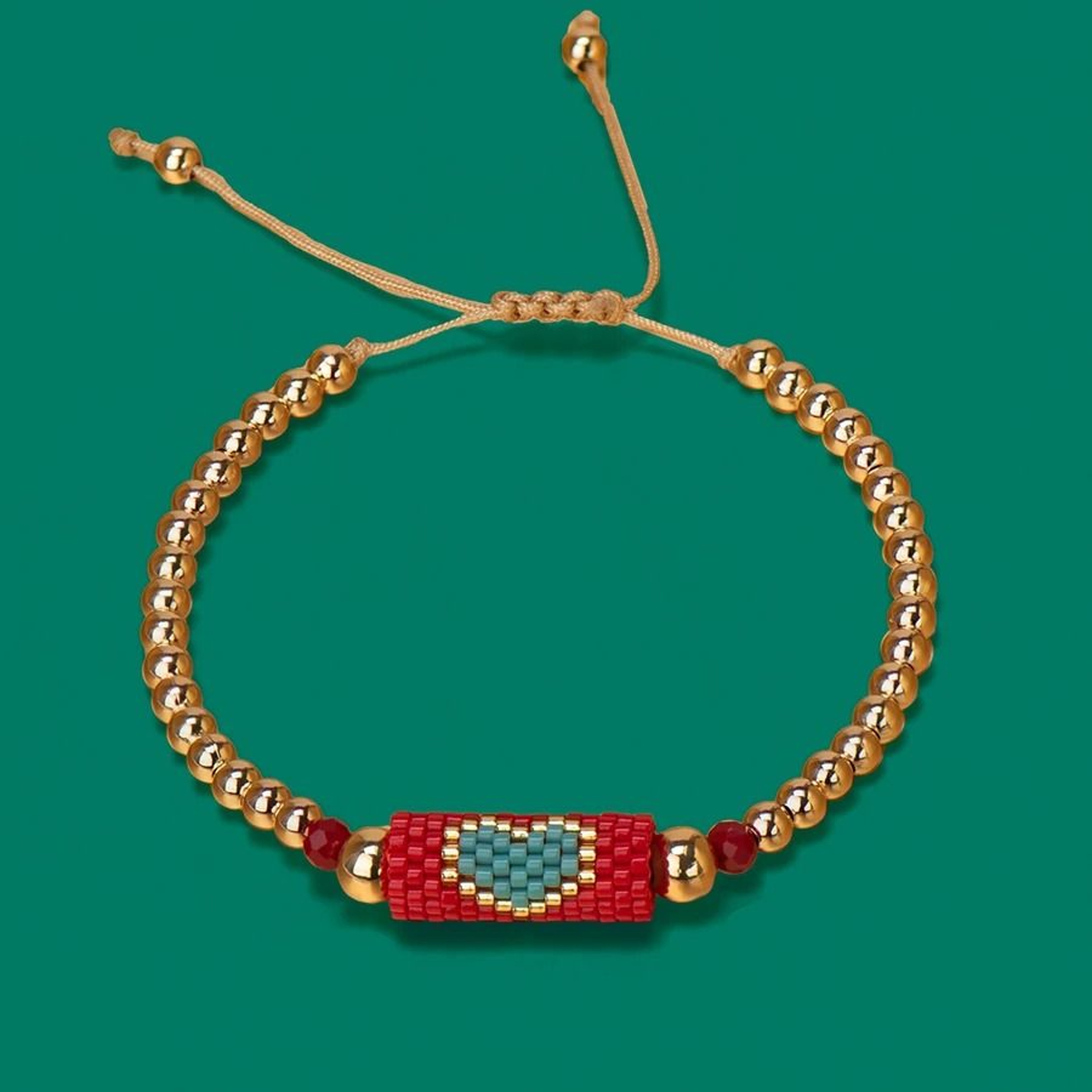 Handmade Woven Heart Beaded Adjustable Gold Accent Boho Summer Wristband 21