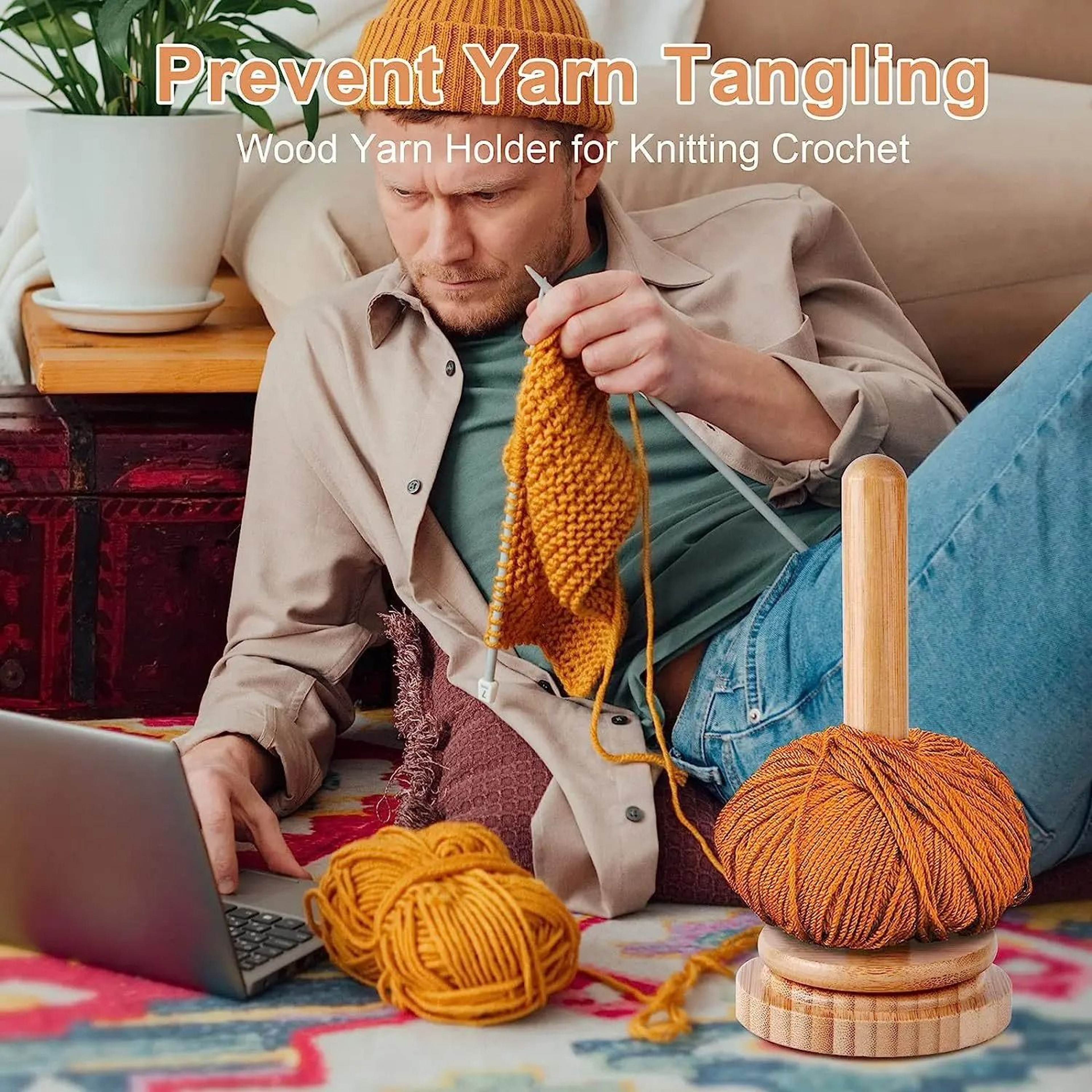 Bamboo And Wood Tabletop Rotary Yarn Stand Holder With Wooden Ball Winder 2