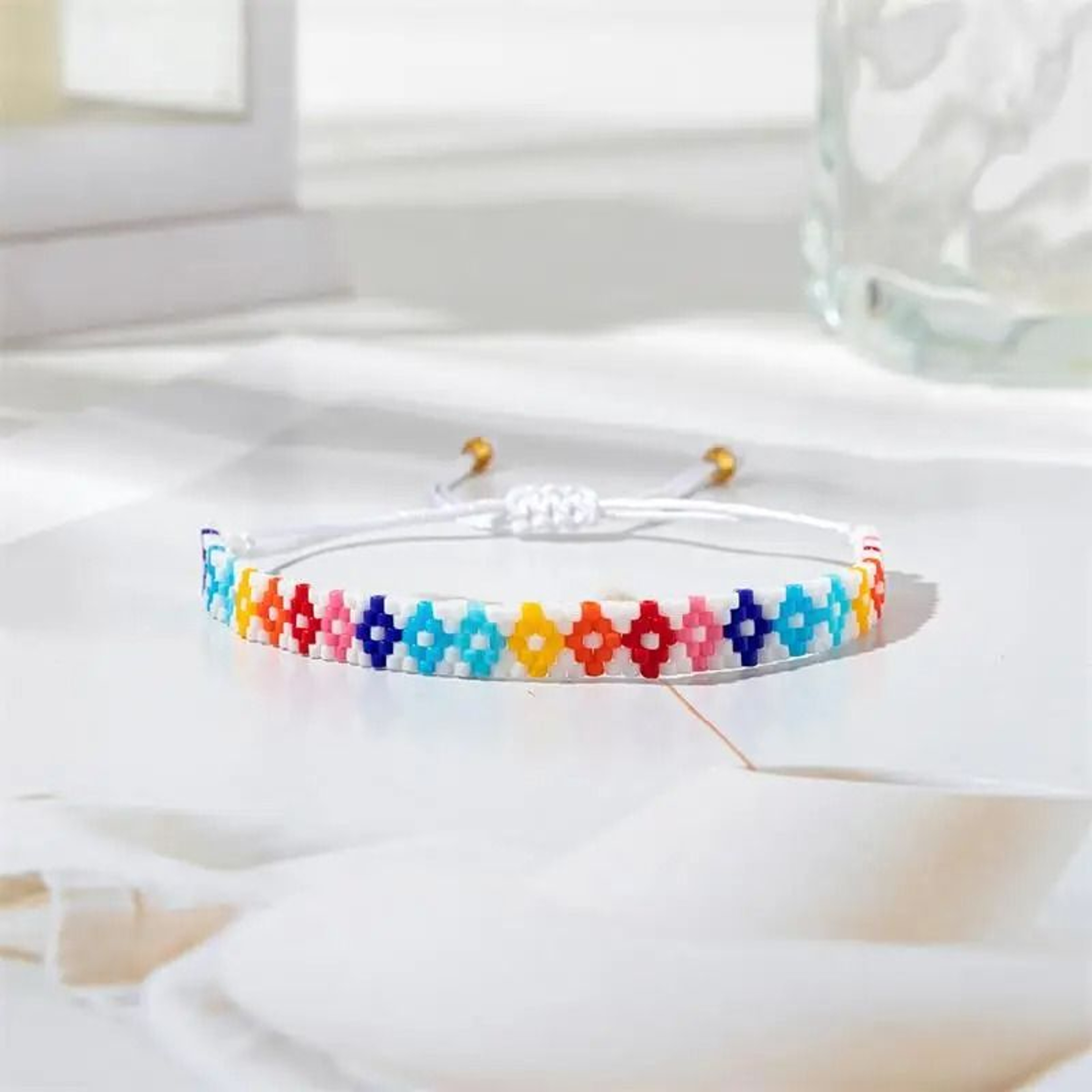 Handcrafted Korean Rainbow Flower Pattern Seed Bead Bracelet Waterproof Charm Jewelry For Women 7