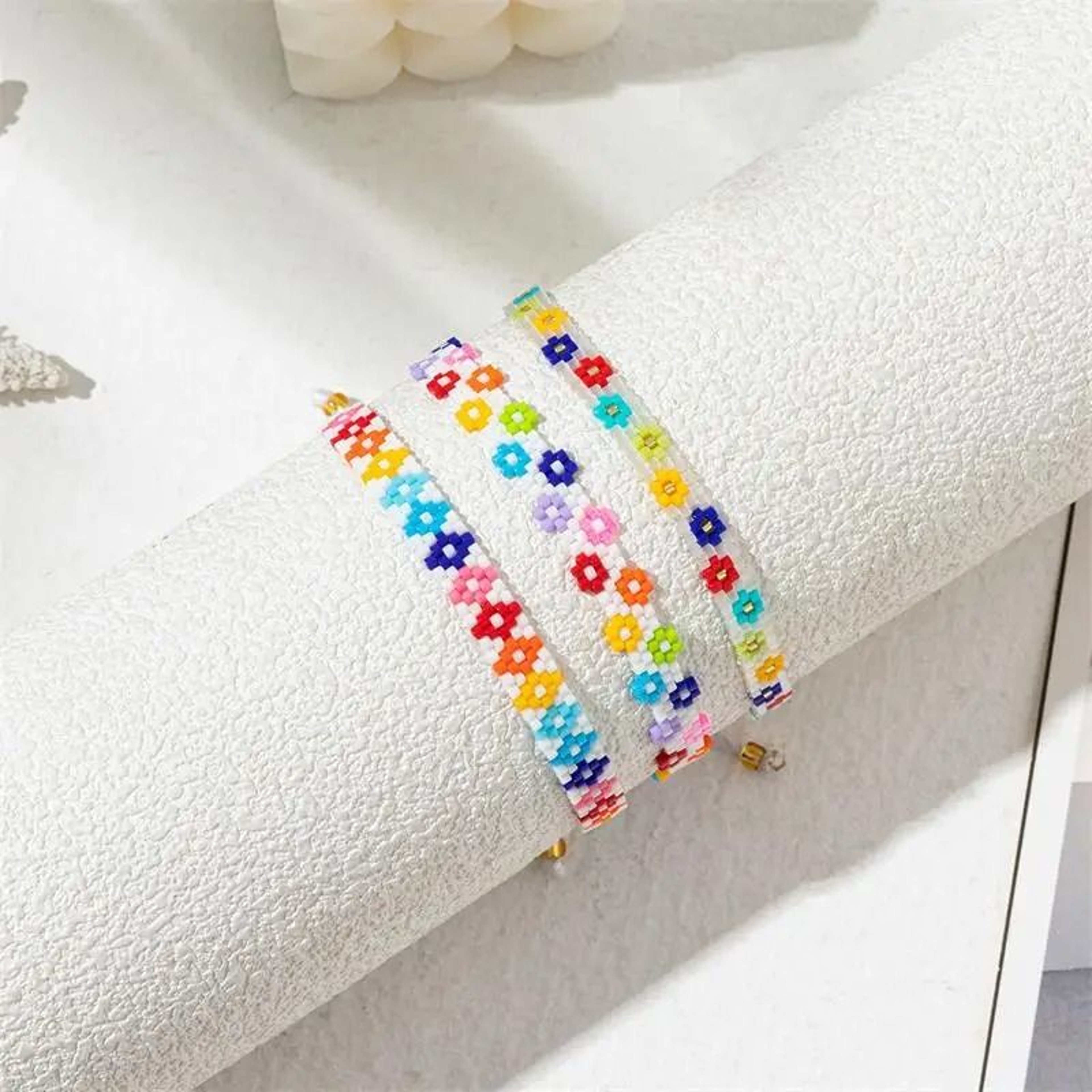 Handcrafted Korean Rainbow Flower Pattern Seed Bead Bracelet Waterproof Charm Jewelry For Women 0