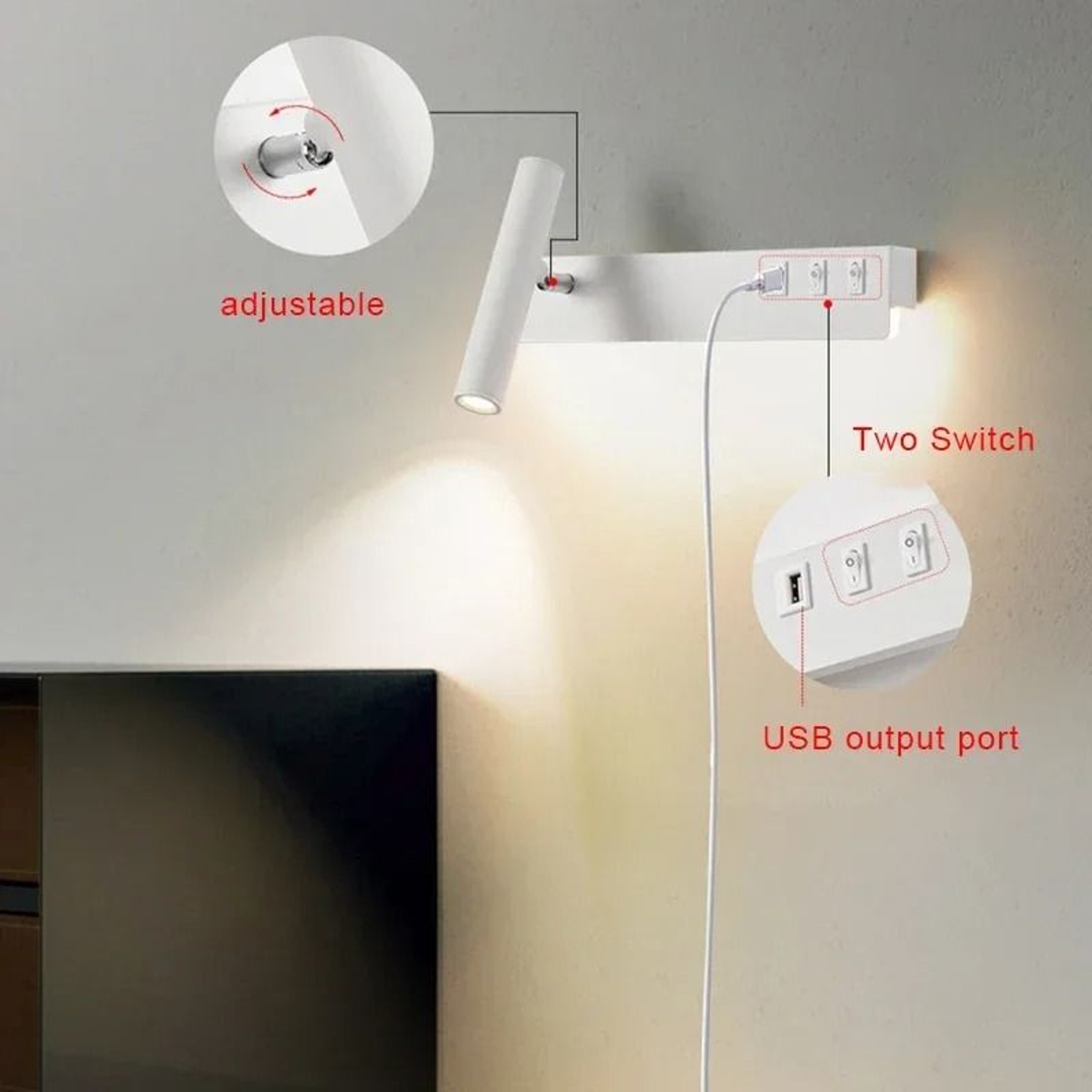 Modern Rotatable LED Bedside Wall Light Sconce With USB Charging Port And Integrated Switch 4