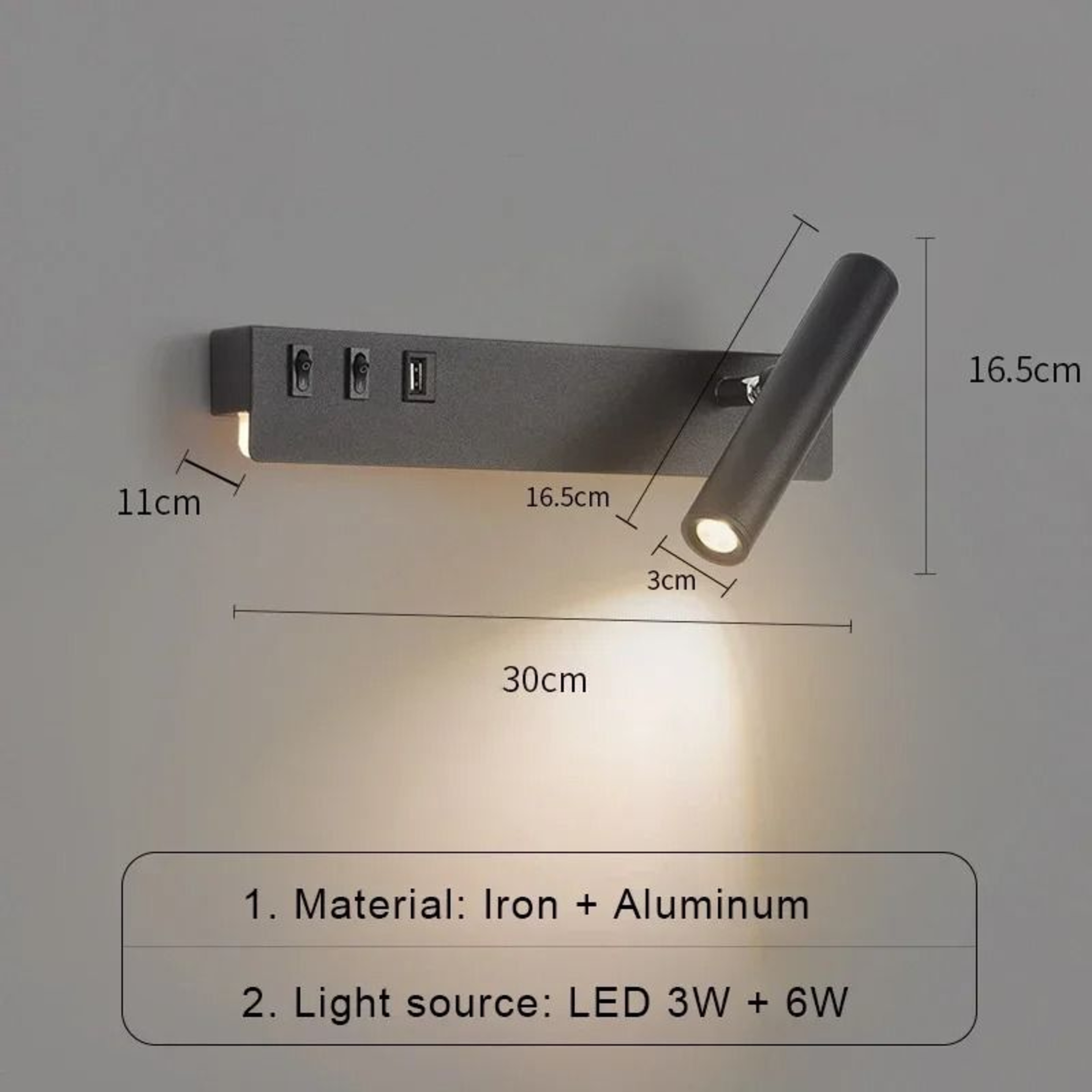 Modern Rotatable LED Bedside Wall Light Sconce With USB Charging Port And Integrated Switch 7